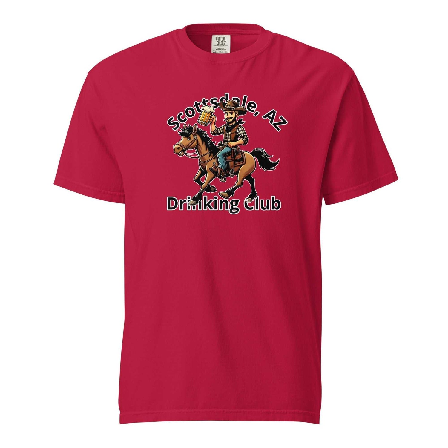 Red Scottsdale Cowboy Horse Beer heavyweight unisex t-shirt with cowboy riding horse graphic and text