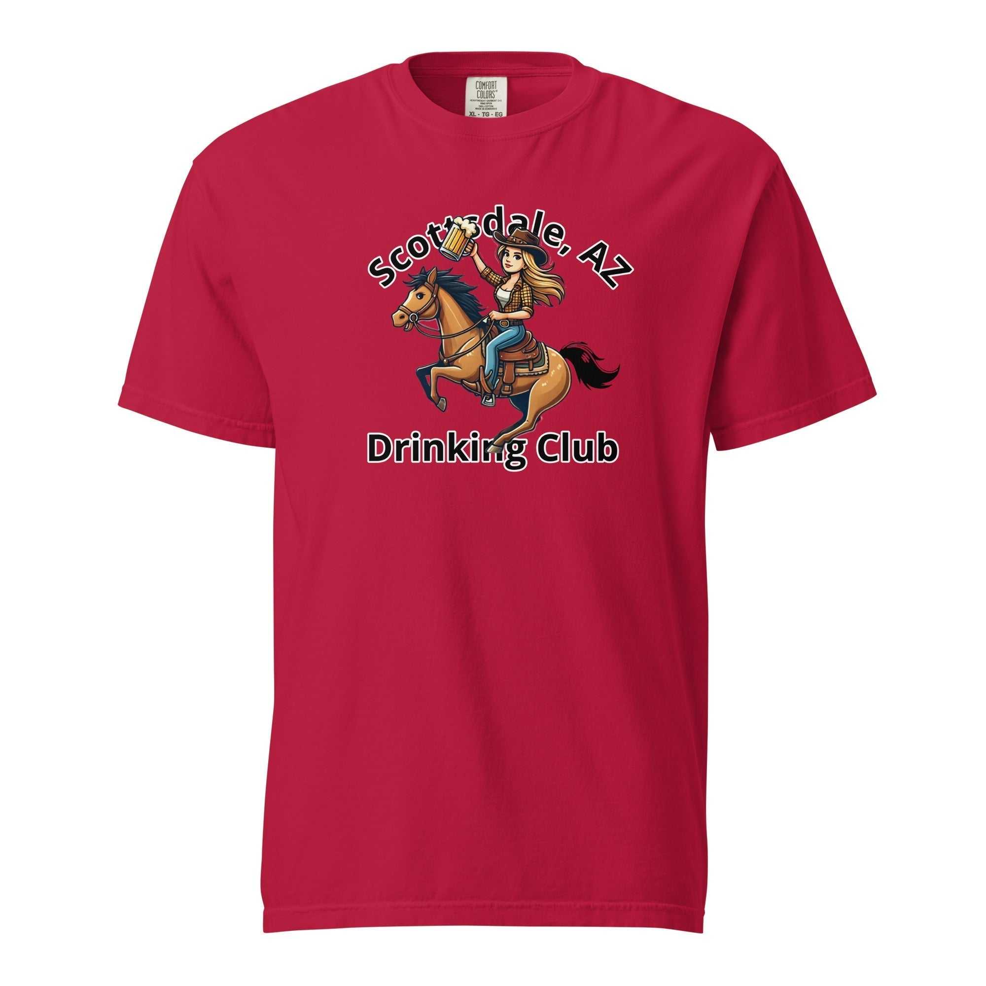 Red Scottsdale Cowgirl Horse Beer unisex heavyweight t-shirt with cowgirl riding horse graphic