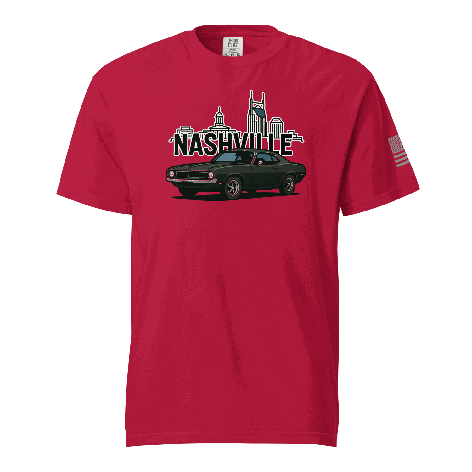 Nashville classic car t-shirt featuring a black car and Nashville skyline on a red background.