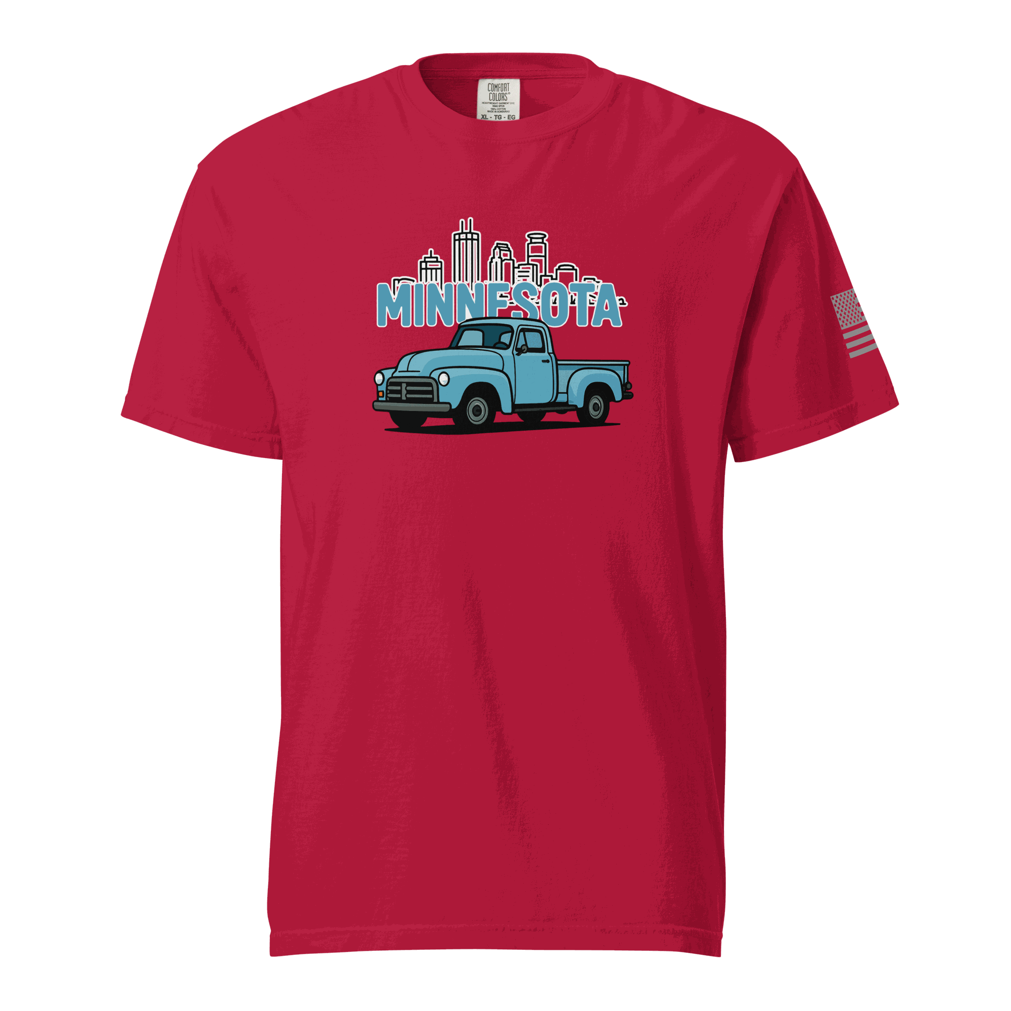 Red Minnesota classic truck t-shirt with vintage truck graphic and city skyline design