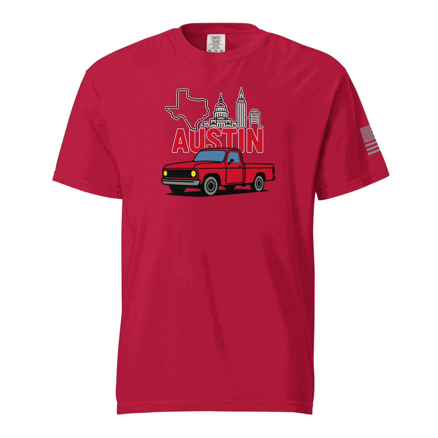 Red Austin Texas T shirts with retro truck and Austin skyline graphic for Keep Austin Weird fans