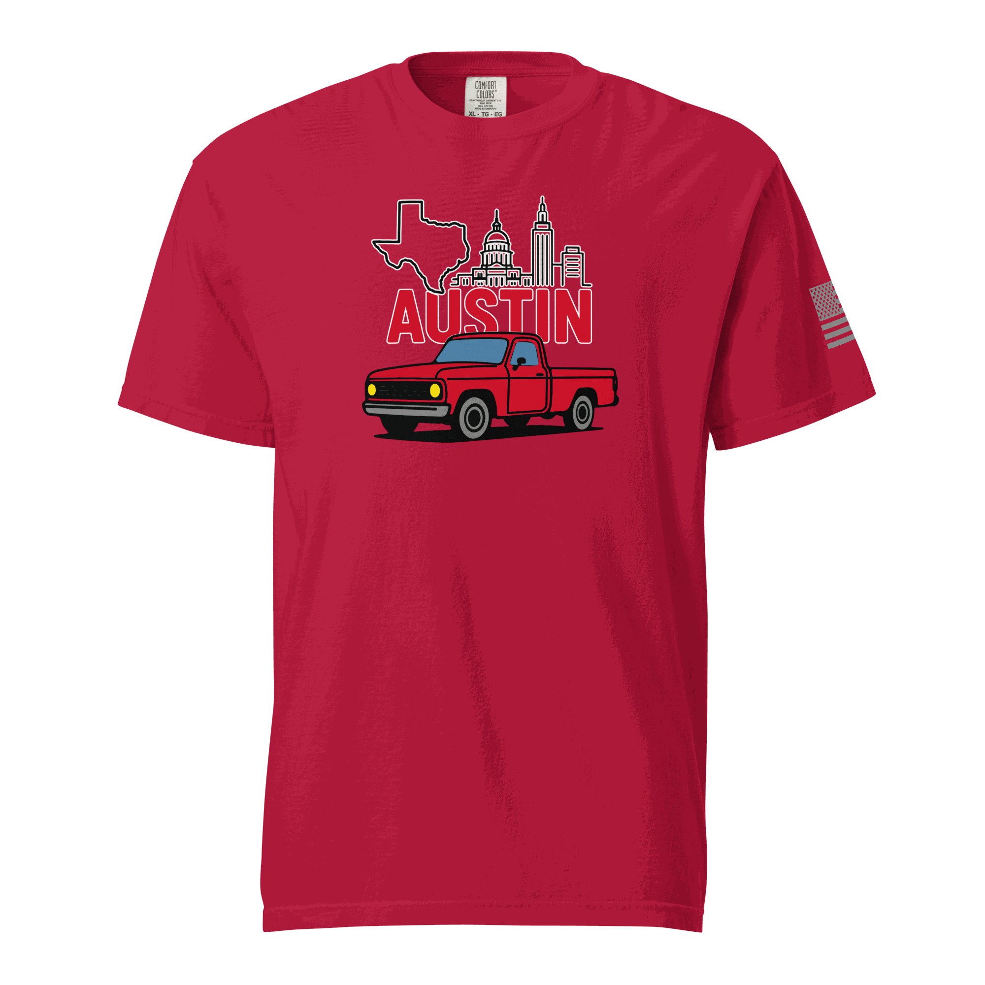 Keep Austin Weird T-Shirt featuring Austin skyline and vintage truck design on a red tee.