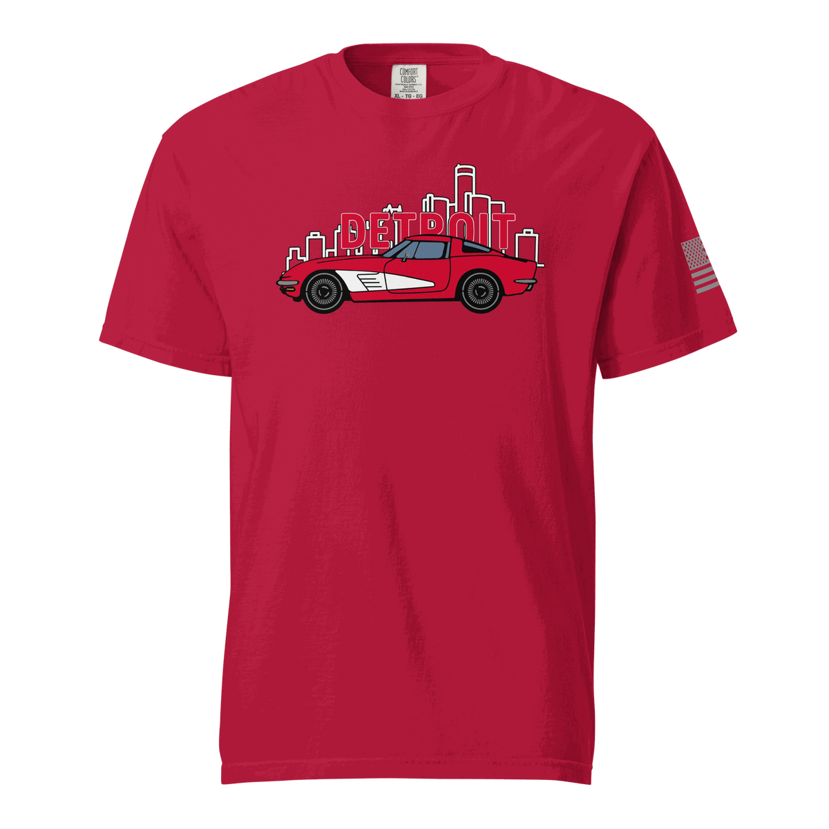 Red Detroit Corvette T-shirt featuring classic sports car and Detroit skyline graphic, unisex fit, 100% cotton