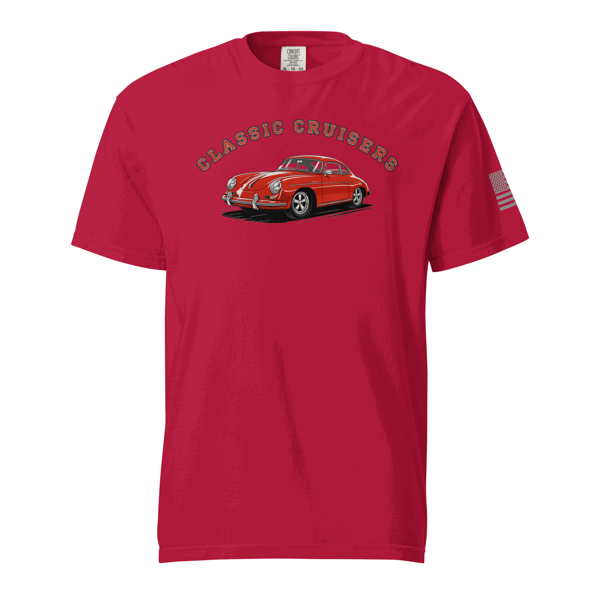Red Varsity Sports Car t-shirt with classic car graphic and "Classic Cruisers" text, made of 100% heavyweight cotton