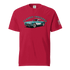 Red classic t-shirt with vintage car graphic and USA flag sleeve patch, soft cotton, unisex fit