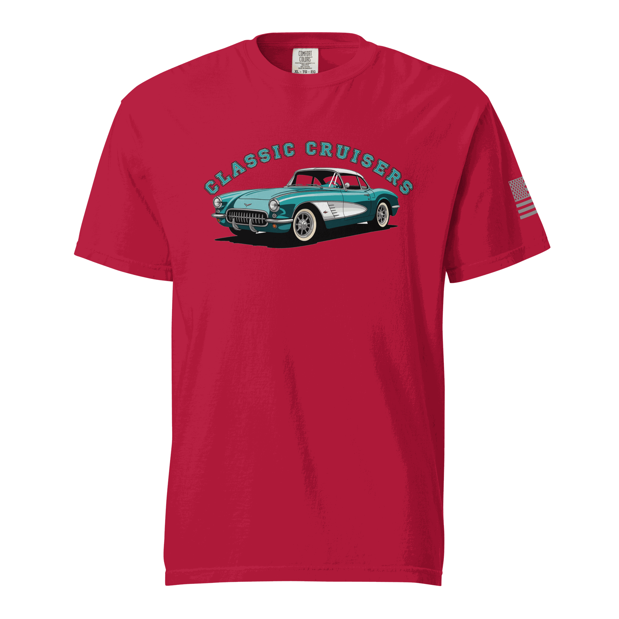 Red Classic T-Shirt with Classic Cruisers vintage car graphic and American flag on sleeve, soft cotton fabric