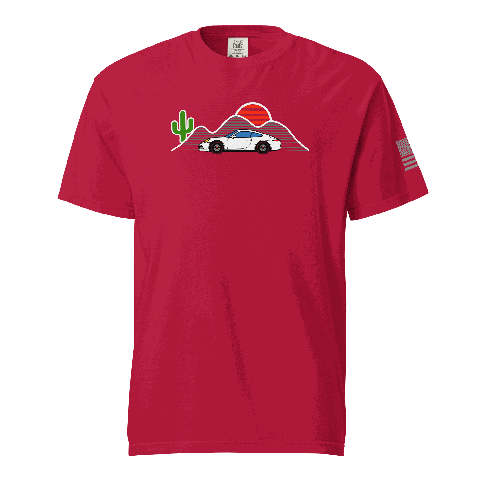 Red Sunset Sports Car T-Shirt with vintage car and desert sunset graphic design