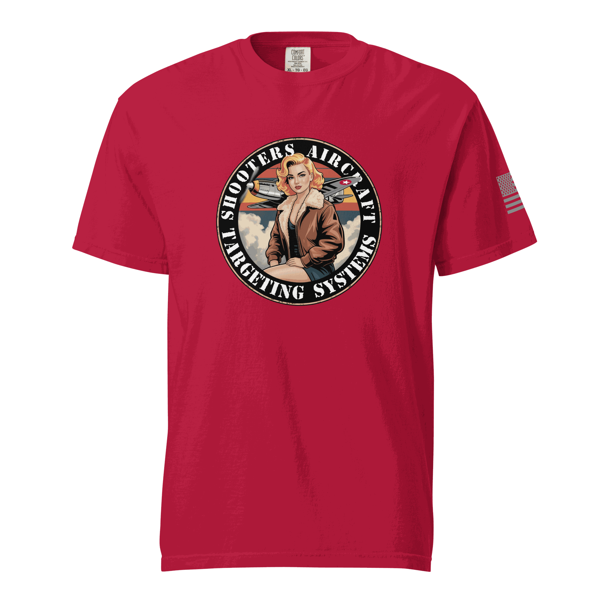 Red Tactical Shooting T-Shirt with vintage pilot graphic and American flag on sleeve, made from heavyweight cotton, designed for comfort and durability.
