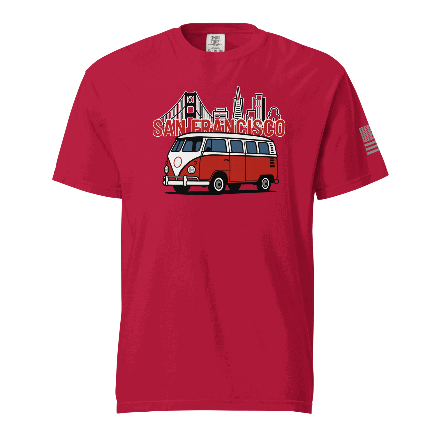 Vintage San Francisco red t-shirt with classic VW van and city skyline graphic