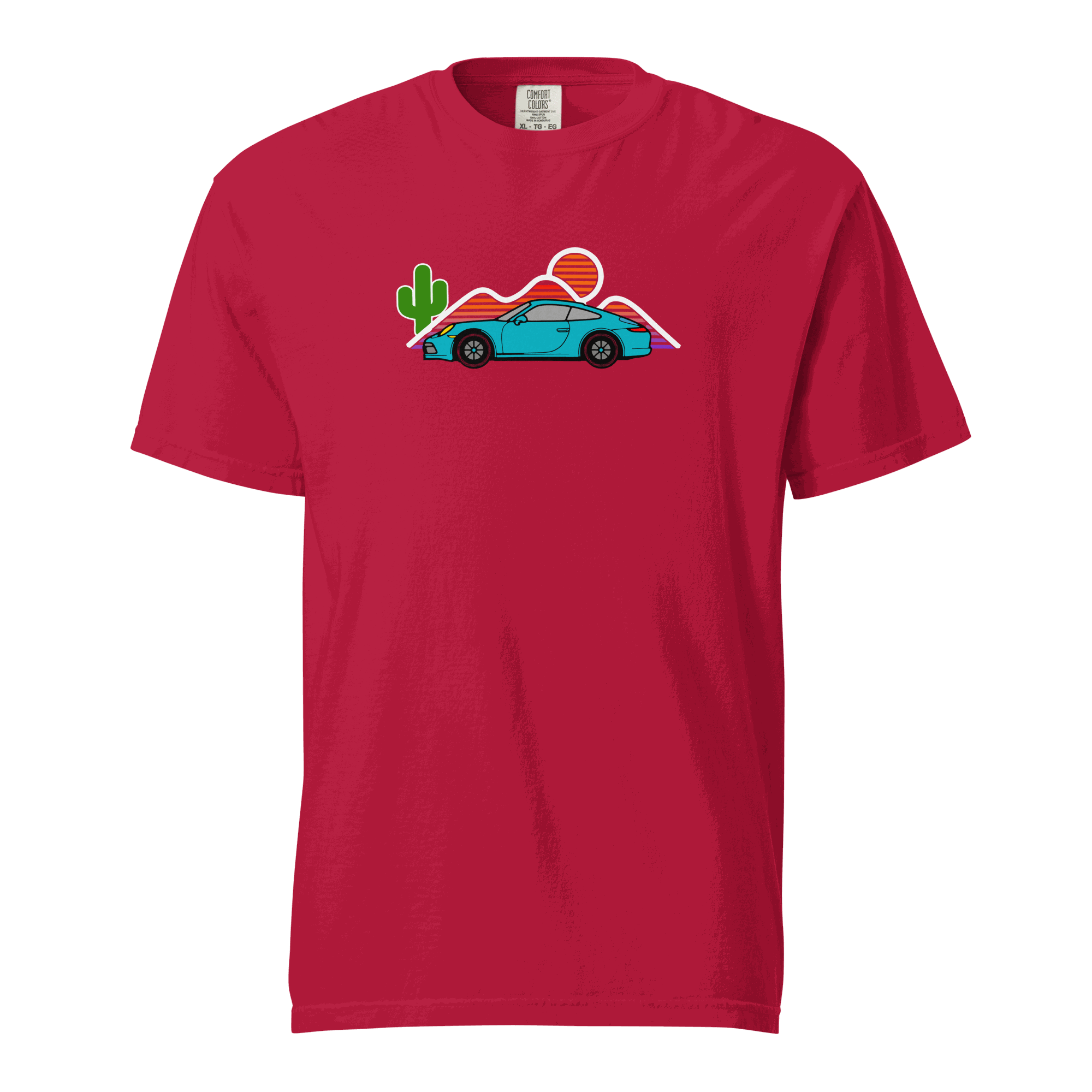 Red sports car sunset t-shirt with turquoise car and desert sunset graphic
