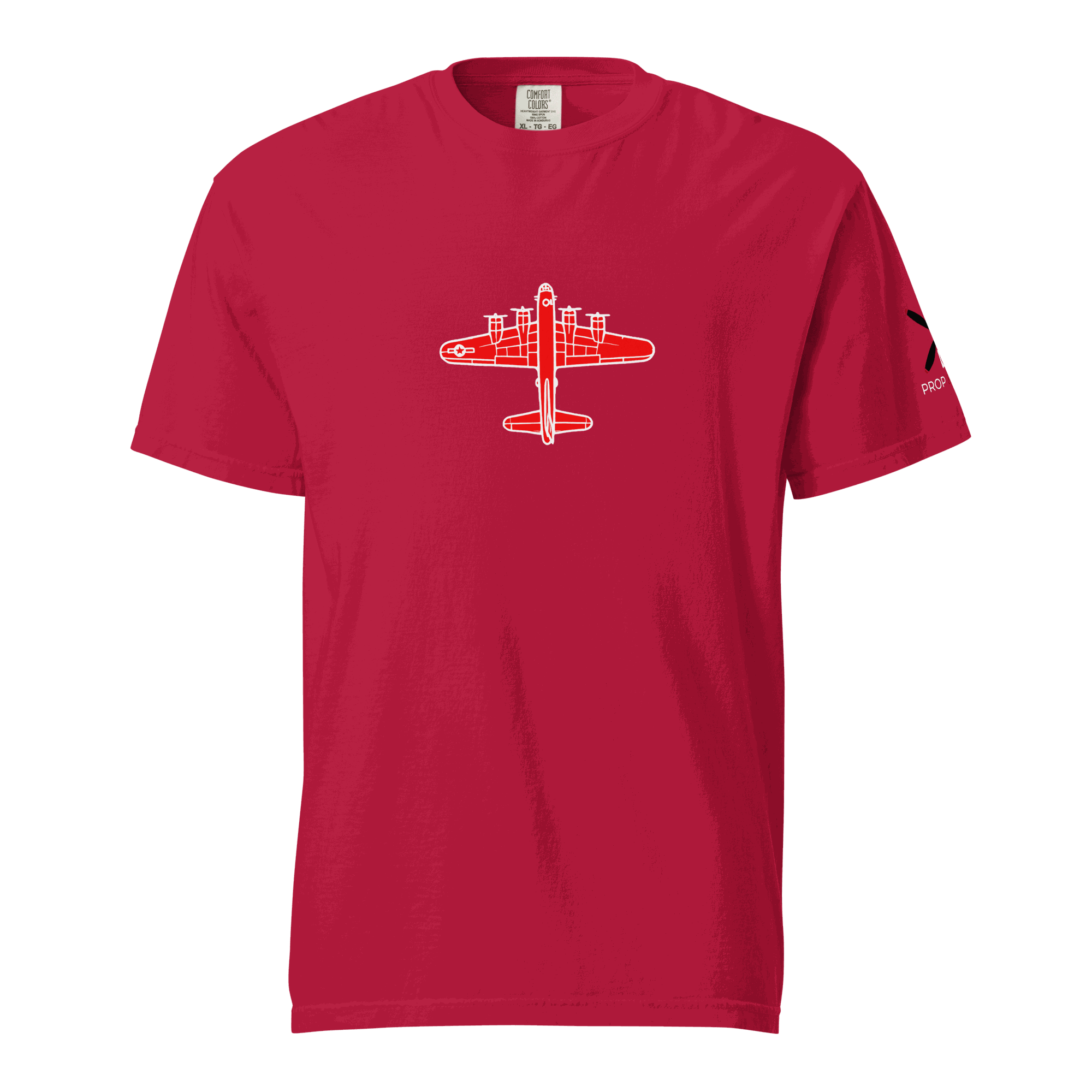 Red WW2 T-shirt bomber with white aircraft graphic on front and black emblem on sleeve, made of 100% ring-spun cotton
