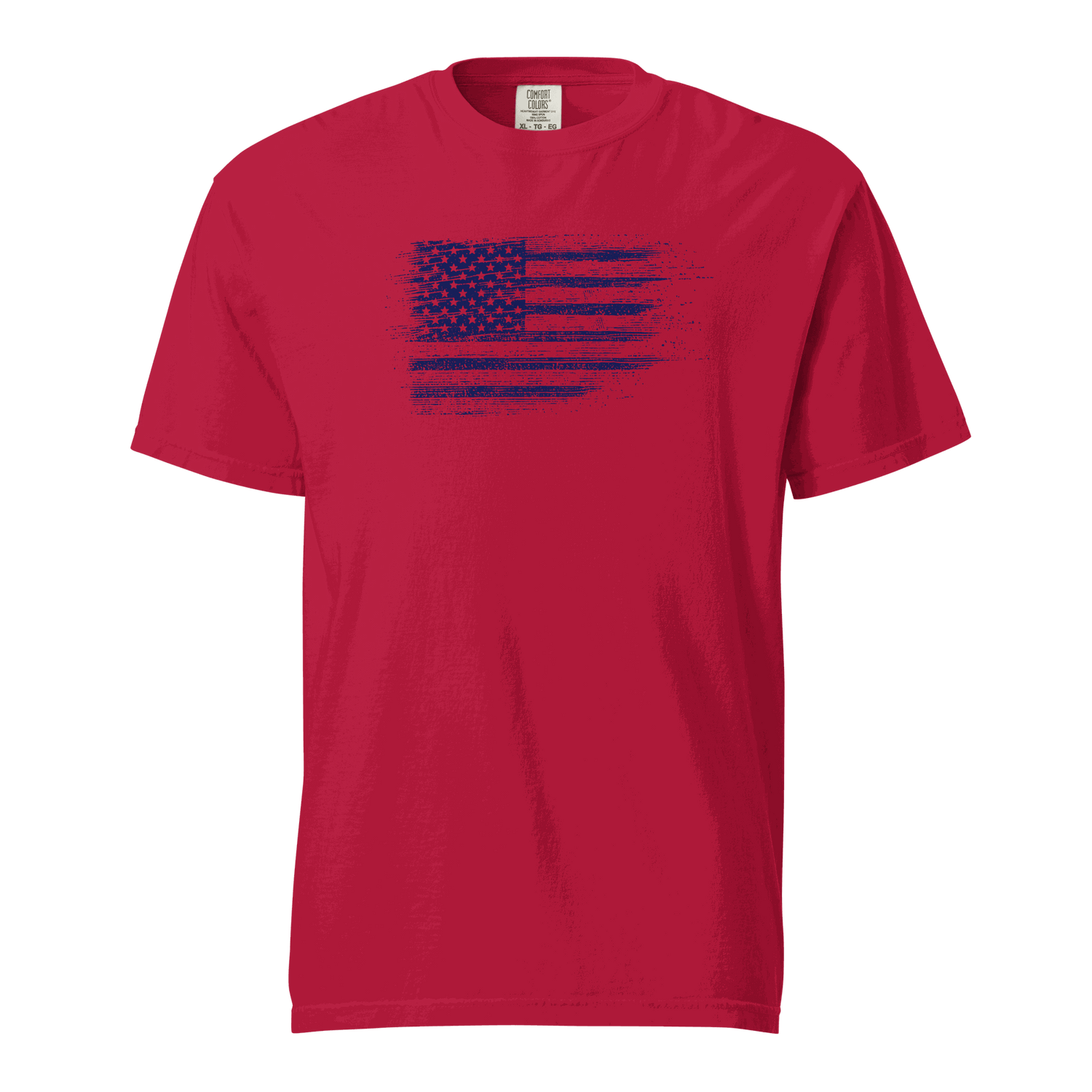 Red heavyweight unisex t-shirt with distressed USA flag graphic, 100% ring-spun cotton