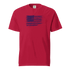 Red heavyweight unisex t-shirt with distressed USA flag graphic, 100% ring-spun cotton