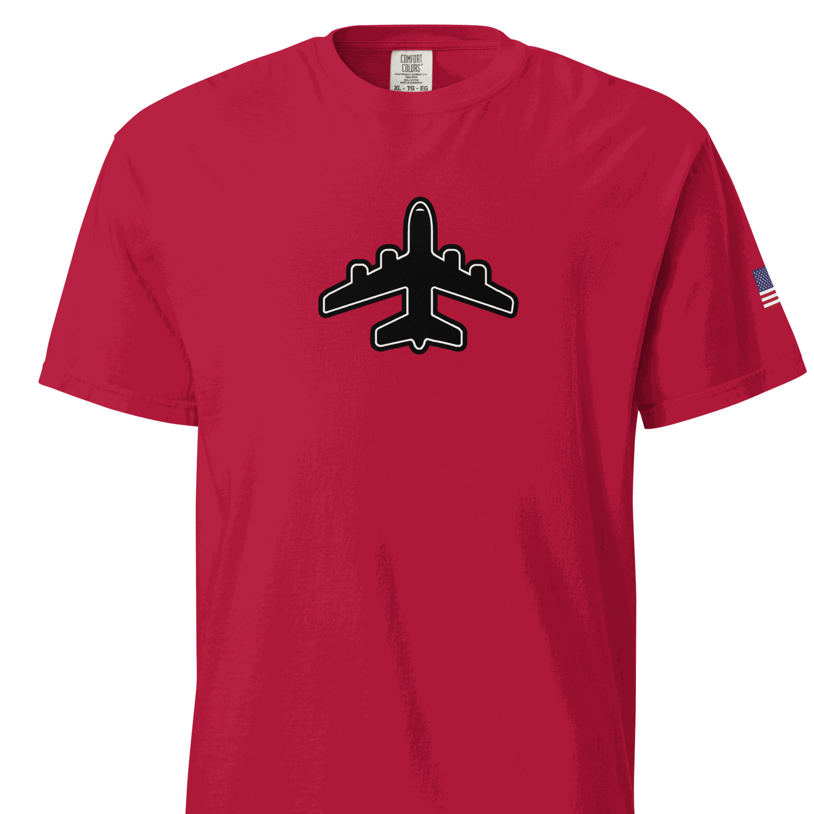 Red Jumbo Jet unisex heavyweight t-shirt with airplane graphic and American flag on sleeve
