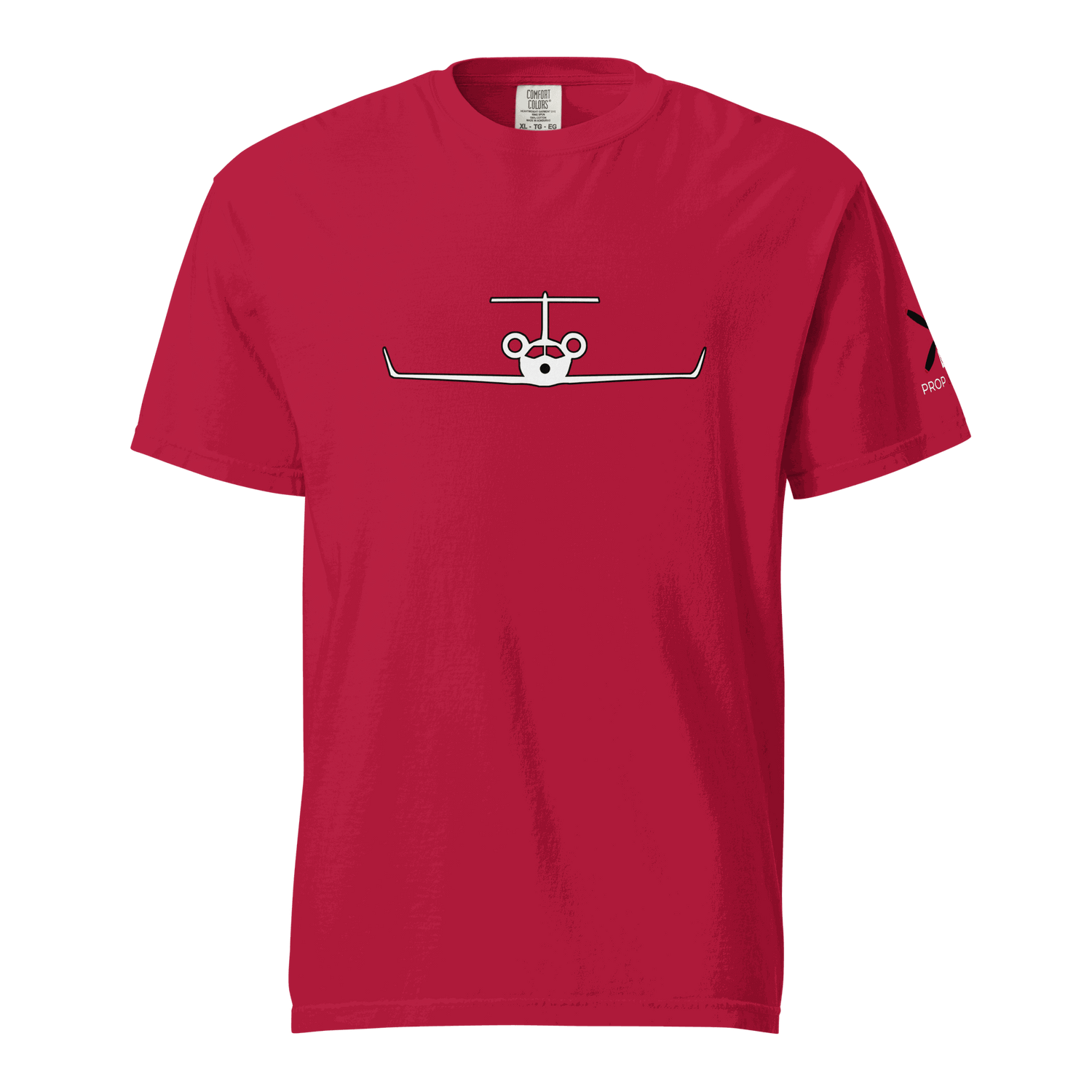 Red unisex heavyweight cotton t-shirt with private jet graphic on front and durable double-needle stitching