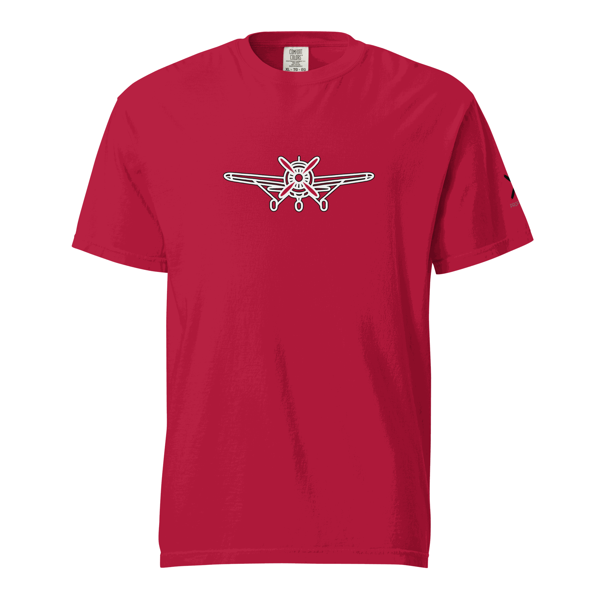 Red Plane 5 thick structured tee with white airplane graphic on front, made of 100% ring-spun cotton, featuring double-needle stitching and relaxed fit.