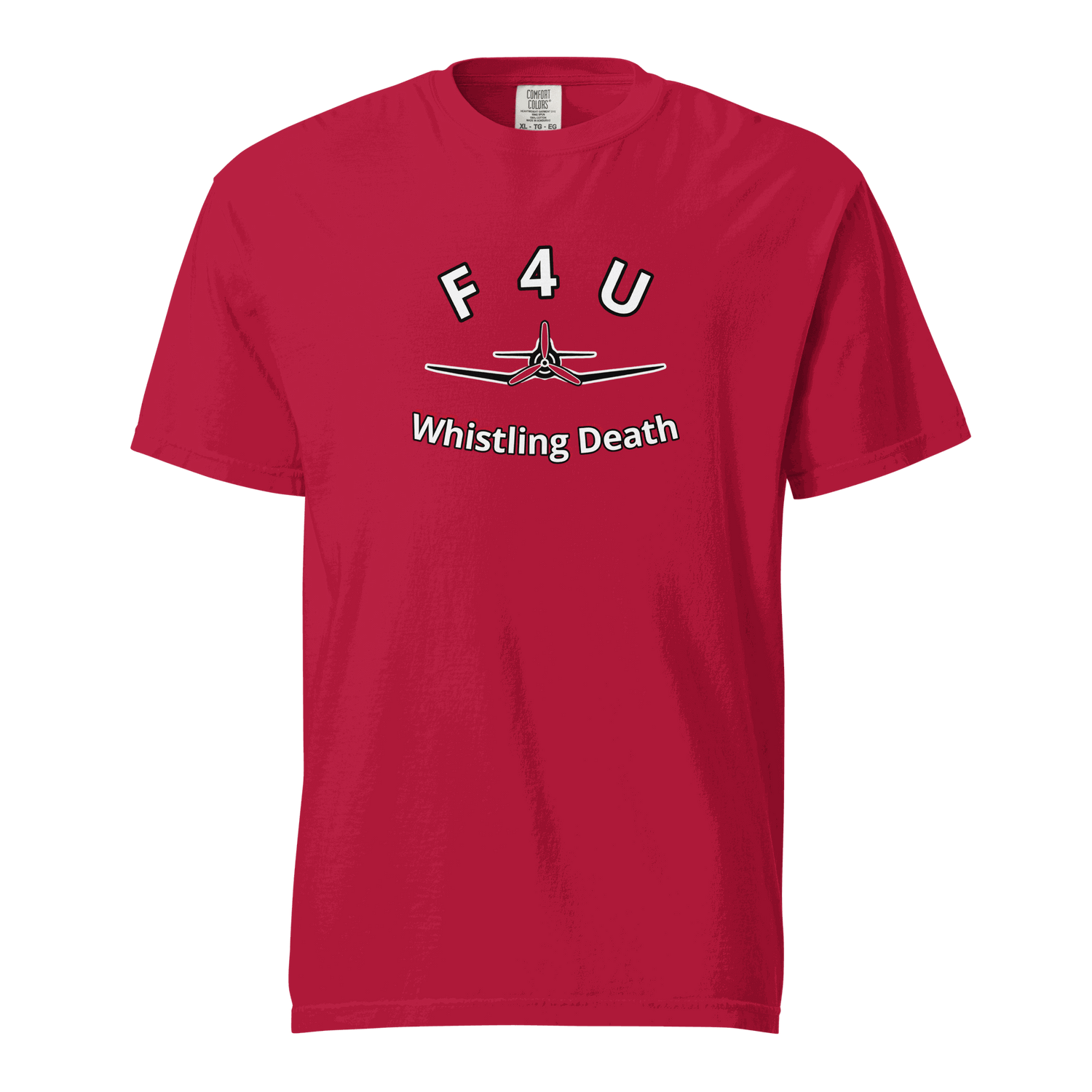 F4U Whistling Death red heavyweight cotton t-shirt with airplane graphic and text design