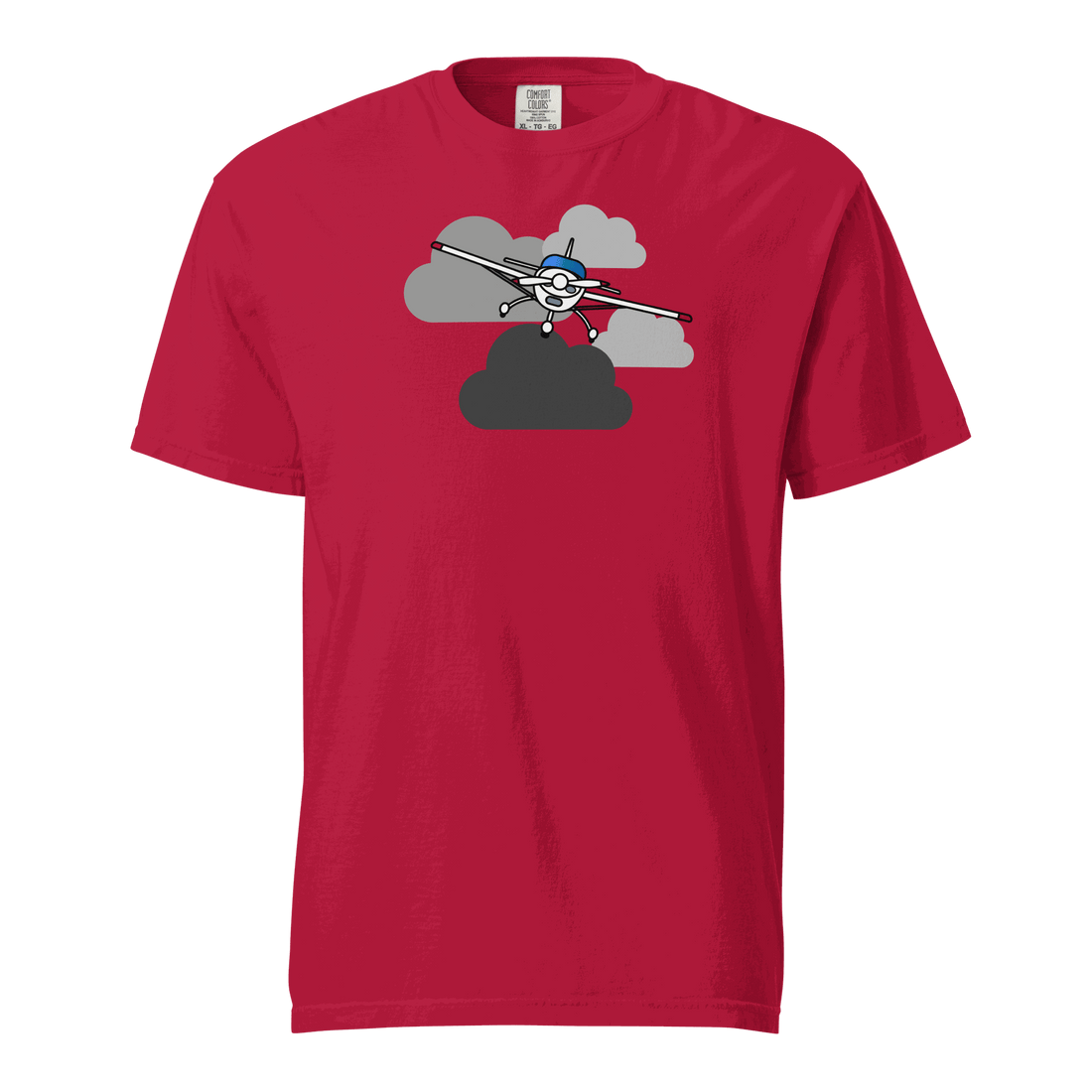 Red unisex vintage airplane t-shirt with prop plane graphic in clouds, 100% ring-spun cotton, heavyweight breathable fabric
