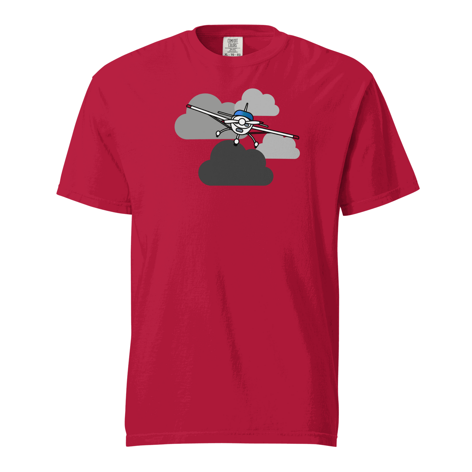 Red unisex vintage airplane t-shirt with prop plane graphic in clouds, 100% ring-spun cotton, heavyweight breathable fabric