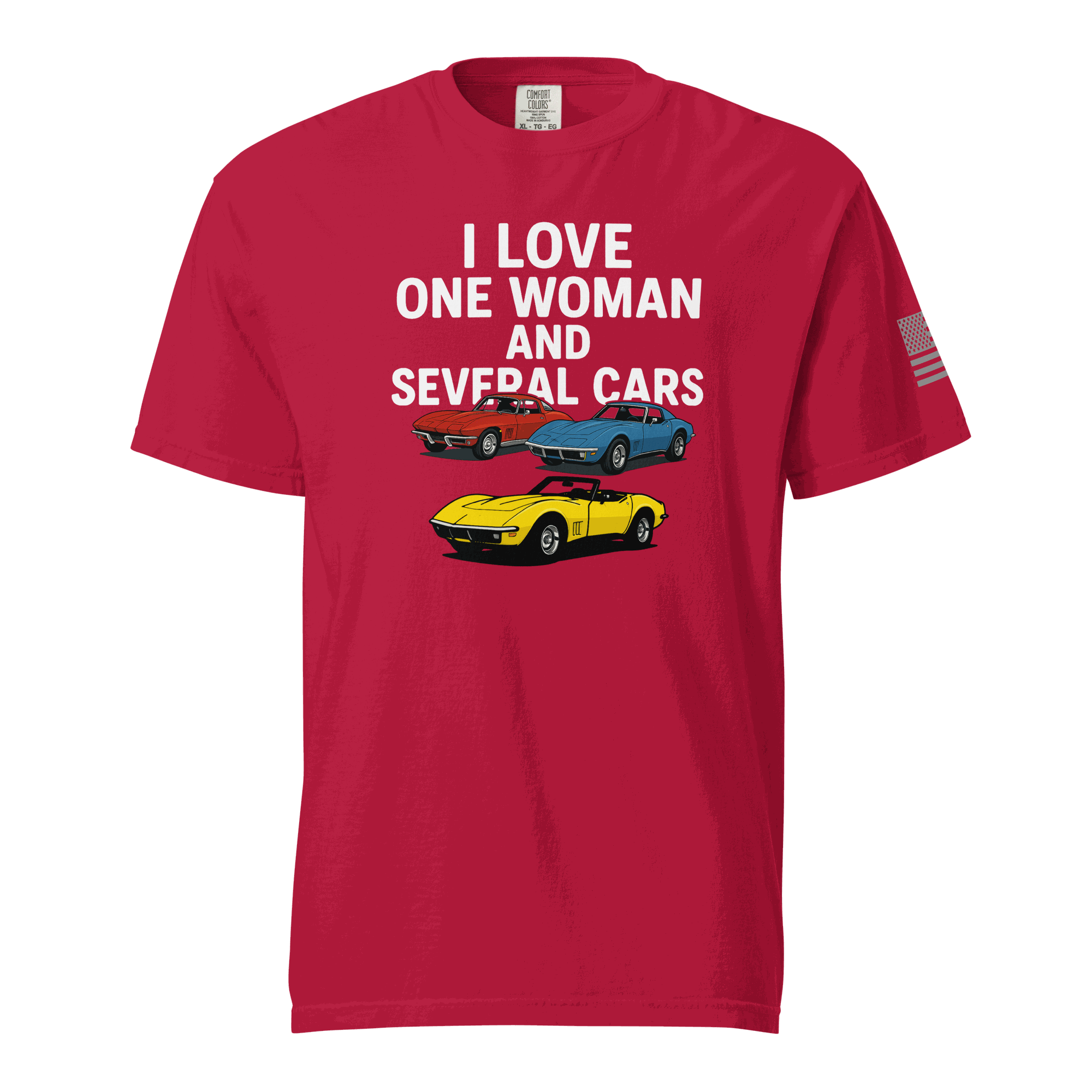 Black funny t-shirt with white "Love one woman several cars" text for car enthusiasts