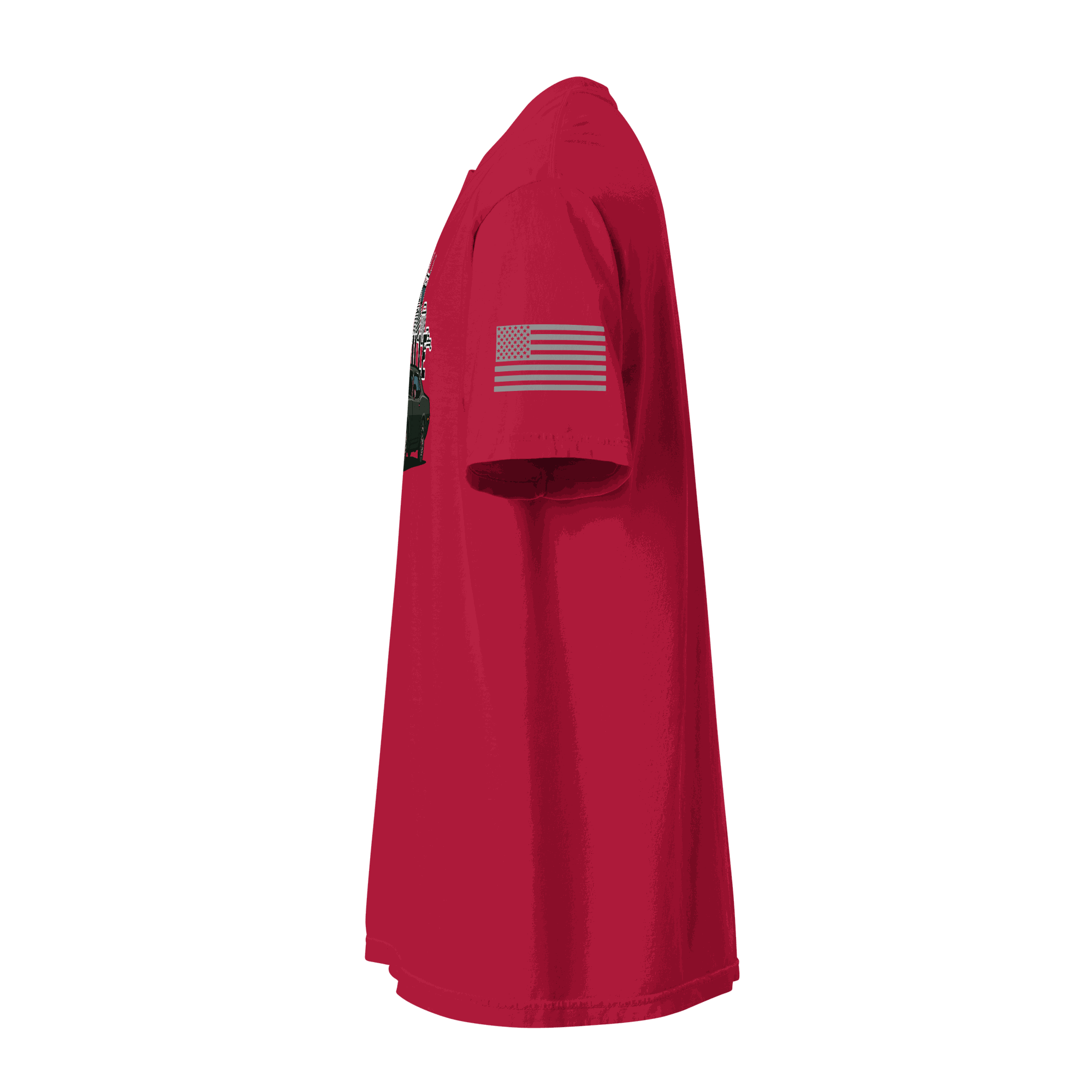 Nashville classic car t-shirt in red, featuring a side view with American flag sleeve detail.