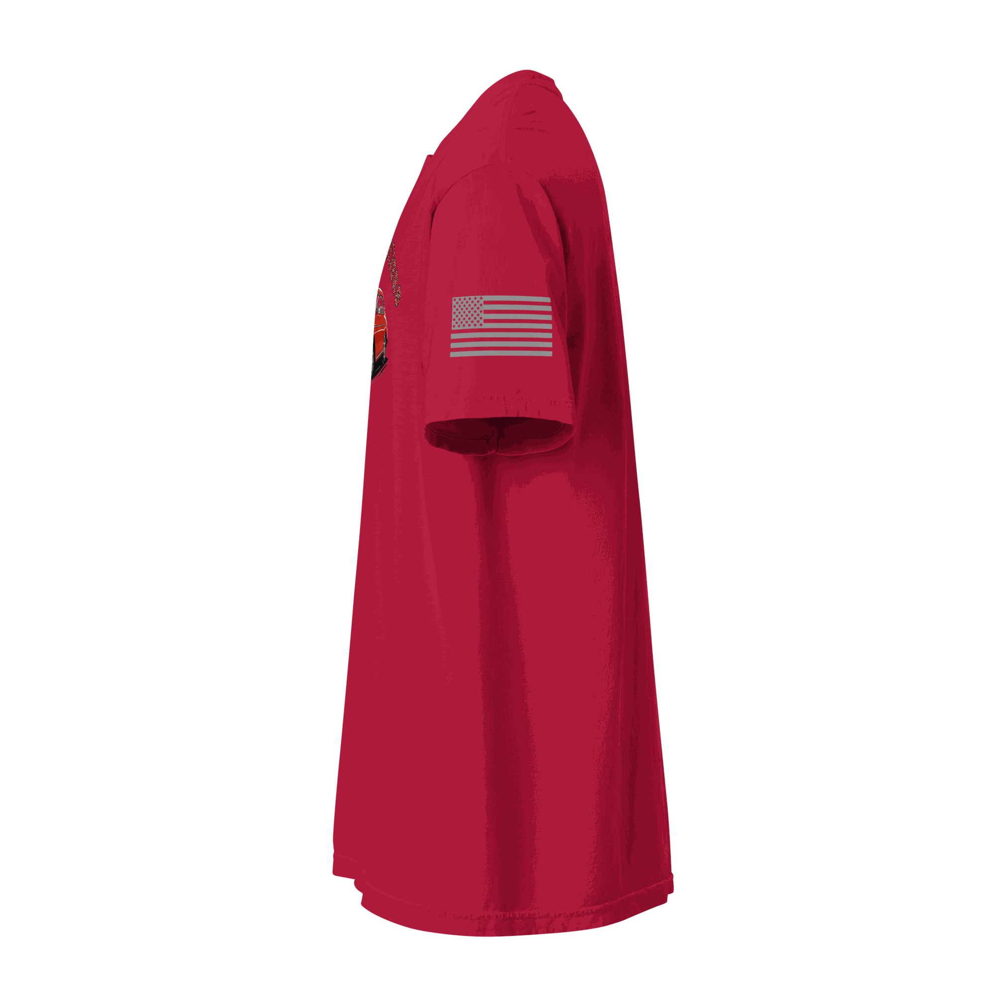 Red Varsity Sports Car heavyweight cotton t-shirt with American flag on sleeve, relaxed fit and durable stitching