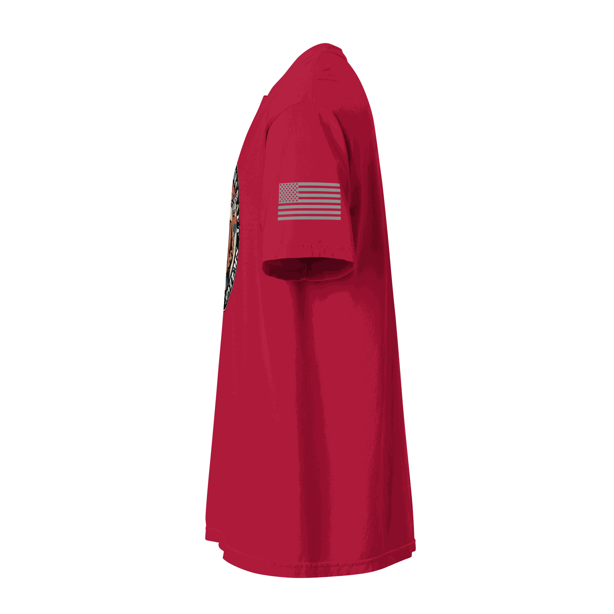 Red Tactical Shooting T-Shirt with American flag patch on sleeve, heavyweight cotton, relaxed fit, durable stitching