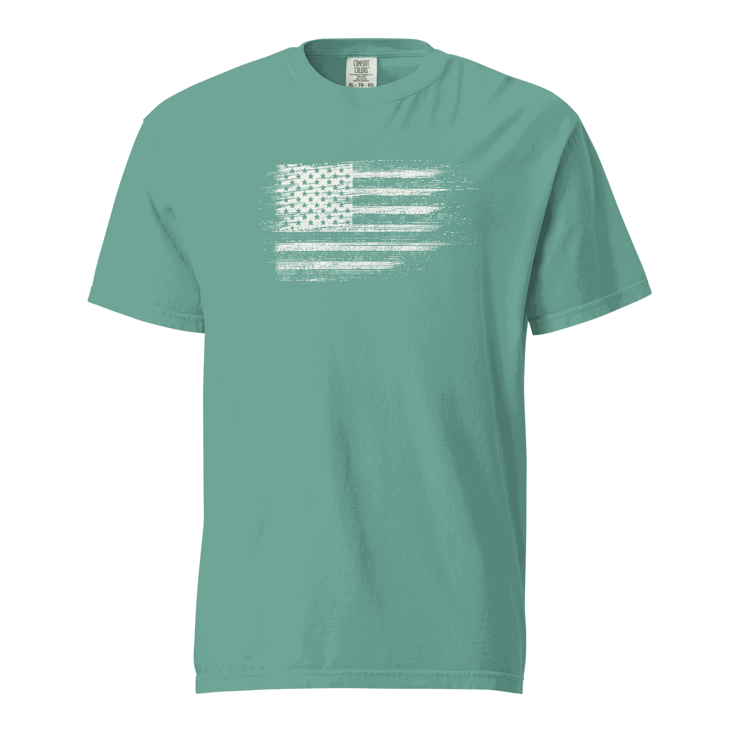 Distressed USA Flag unisex heavyweight garment-dyed t-shirt in teal with soft, breathable cotton fabric