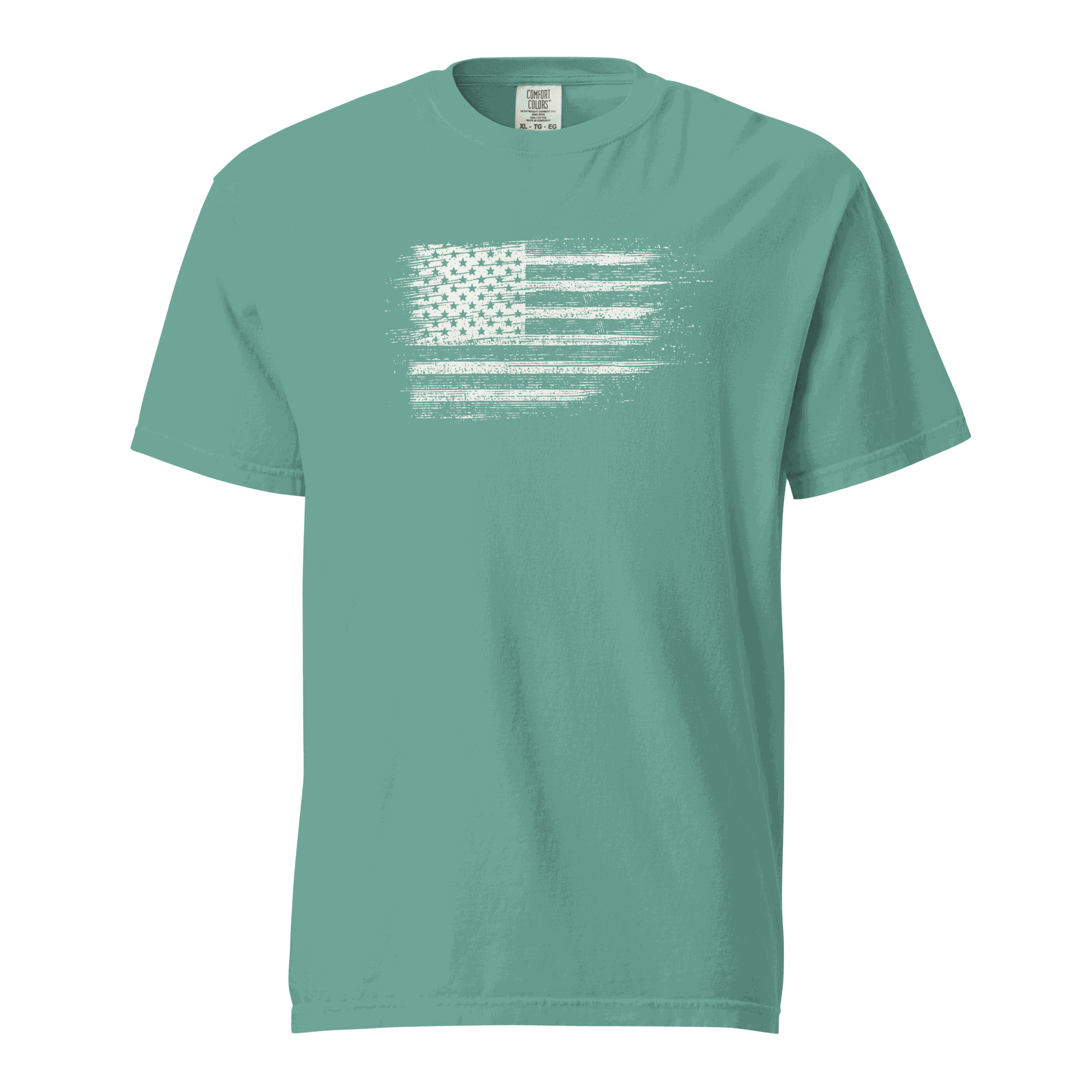 Distressed USA Flag unisex heavyweight garment-dyed t-shirt in teal with soft, breathable cotton fabric