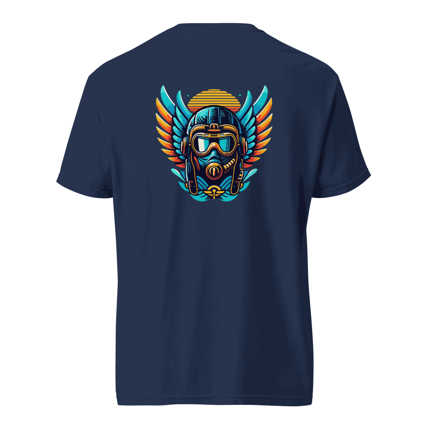 Navy t-shirt with vibrant blue and orange flight helmet graphic on the back