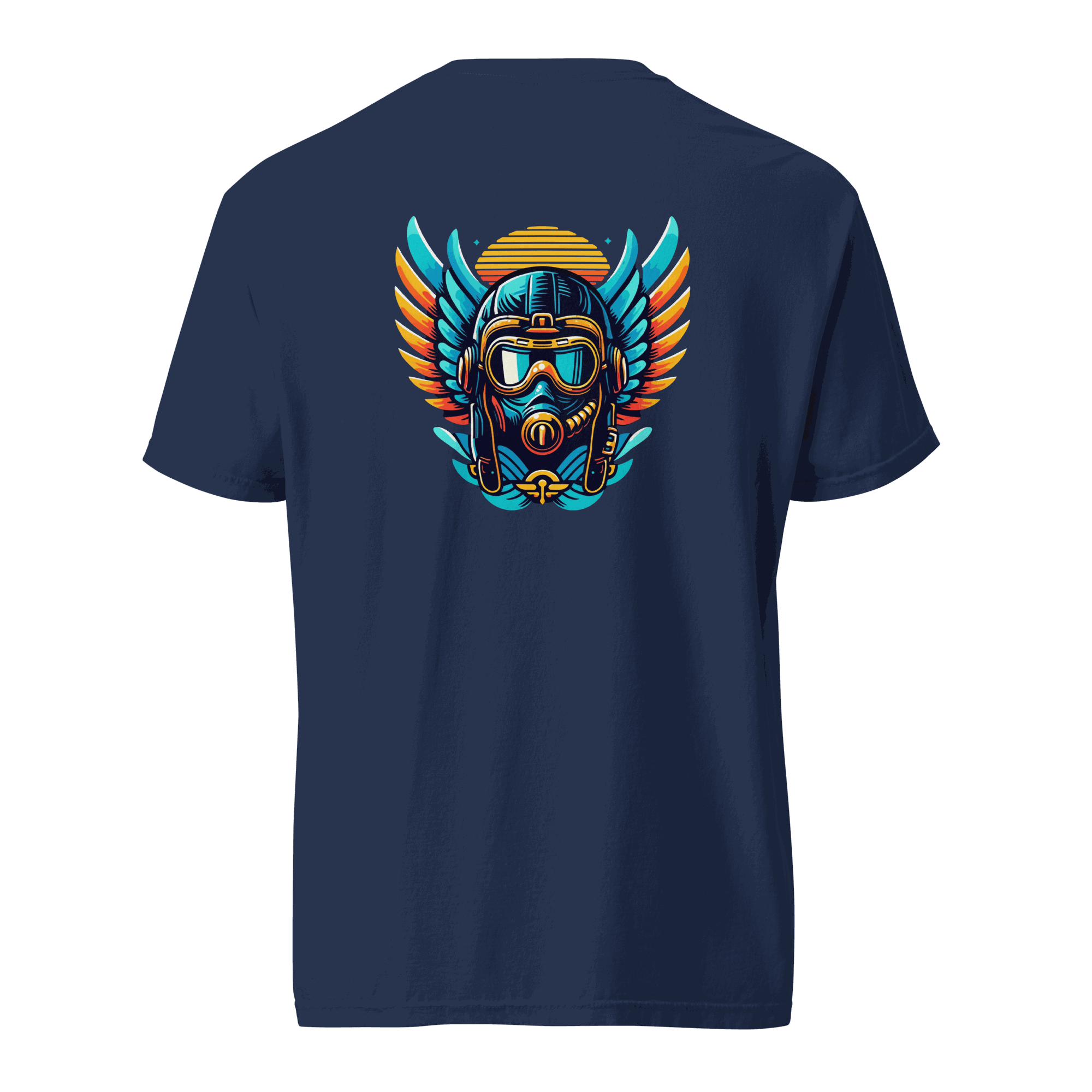 Blue Flight Airplane T-Shirt with orange and blue flight helmet graphic on the back
