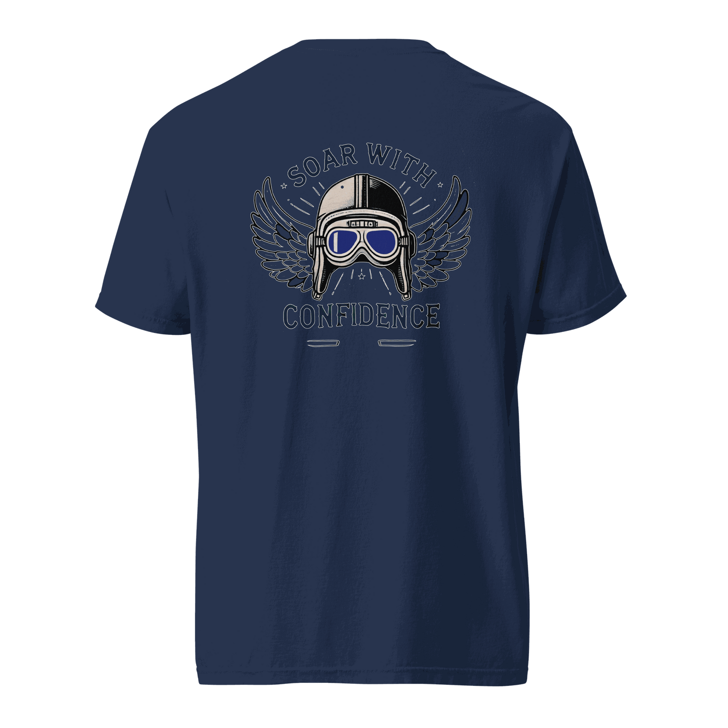 Navy blue Flying Machine t-shirt with vintage aviator helmet and blue goggles graphic on the back, 100% cotton breathable fabric