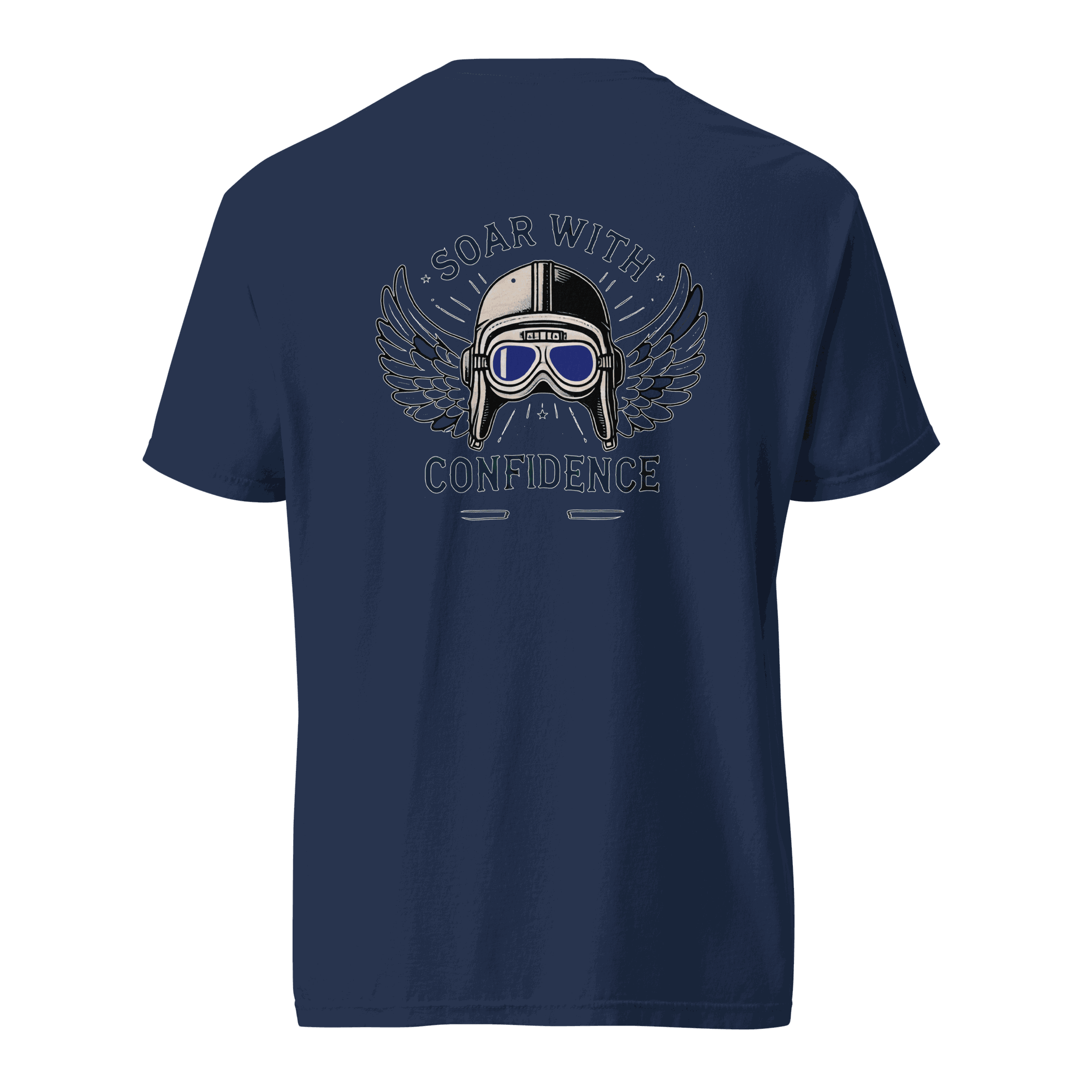 Blue Flying Machine t-shirt with wings and goggles graphic, 100% ring-spun cotton, unisex fit