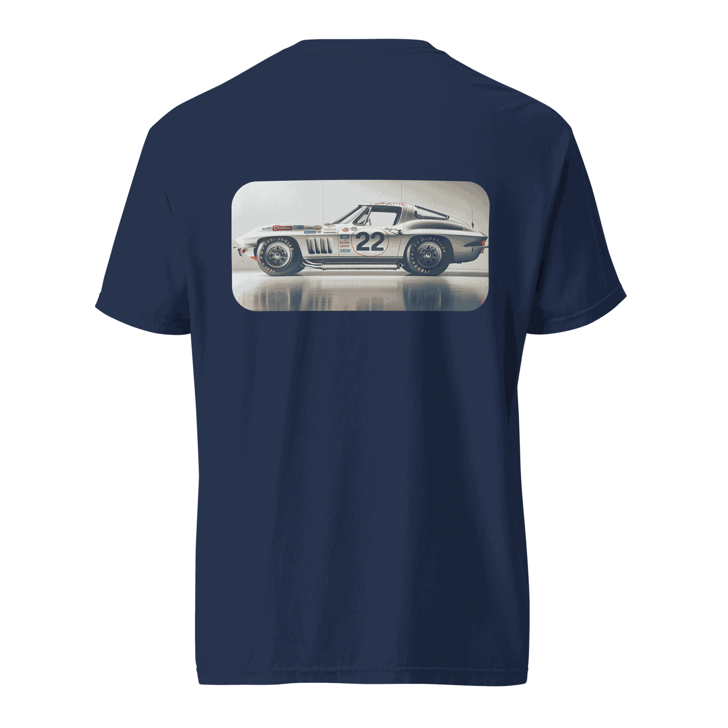 Navy Heritage Classic Car t-shirt with vintage car graphic on back, 100% ring-spun cotton, relaxed fit.