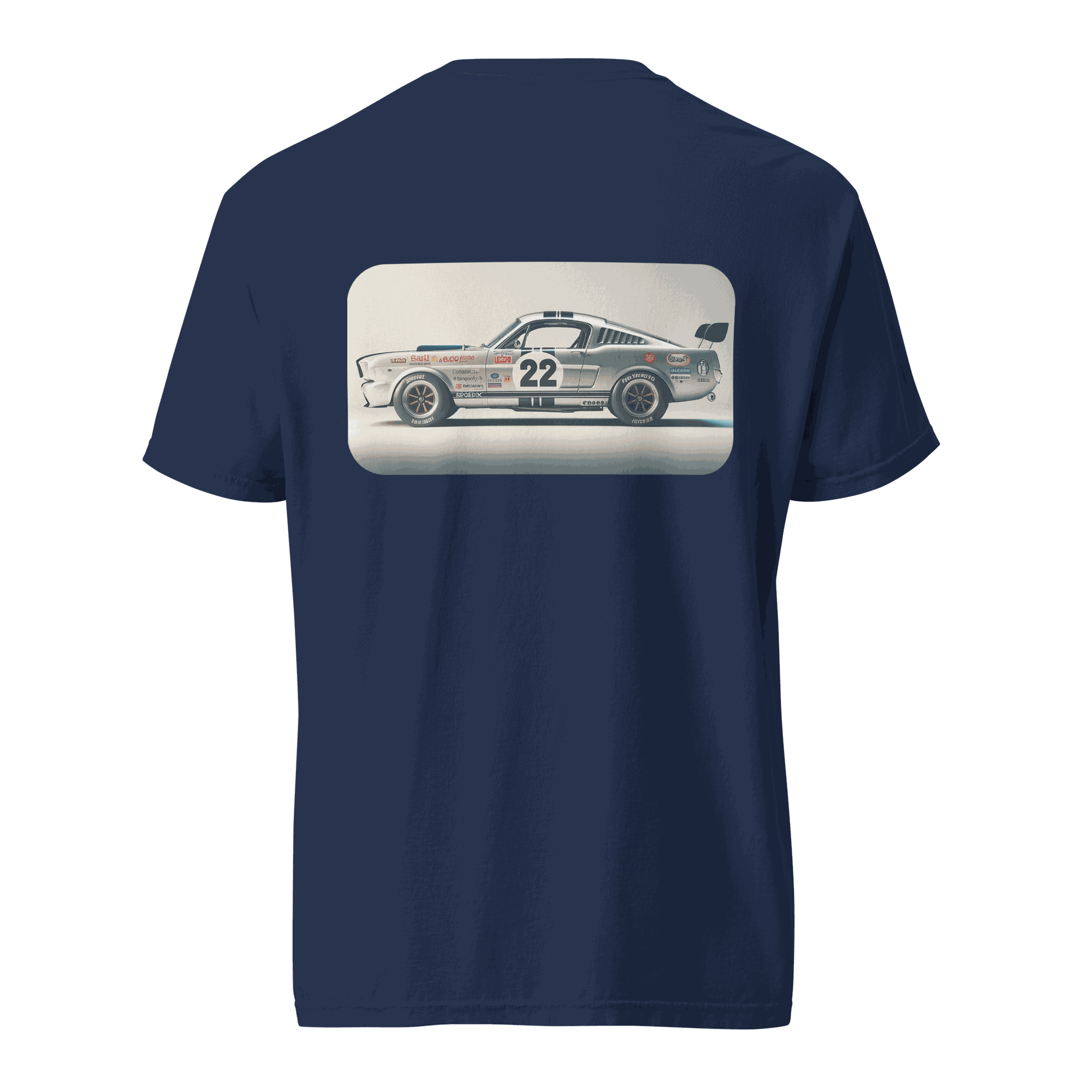 Heritage Mustang Back navy t-shirt with vintage race car graphic on back, 100% ring-spun cotton, heavyweight breathable fabric