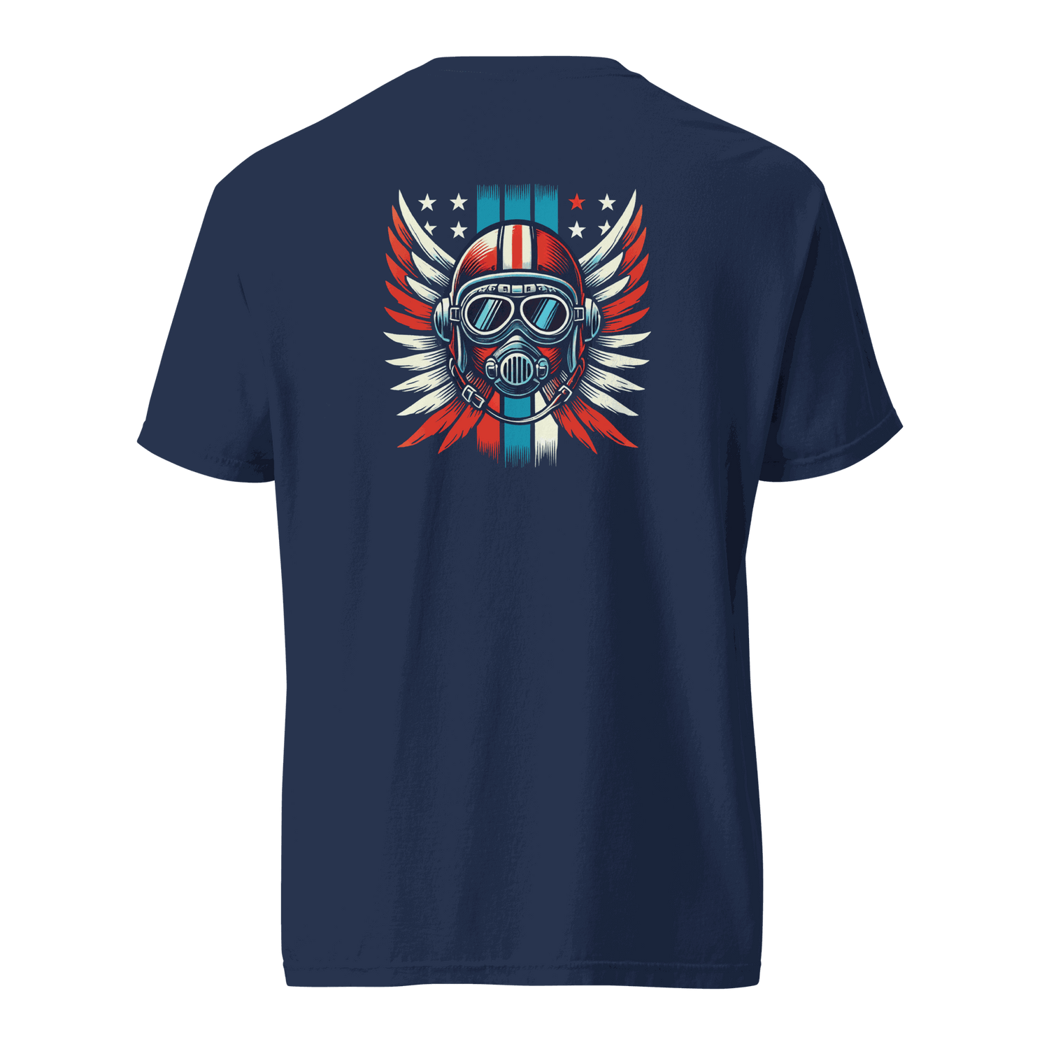 Navy t-shirt with red white blue helmet graphic and wings design on back