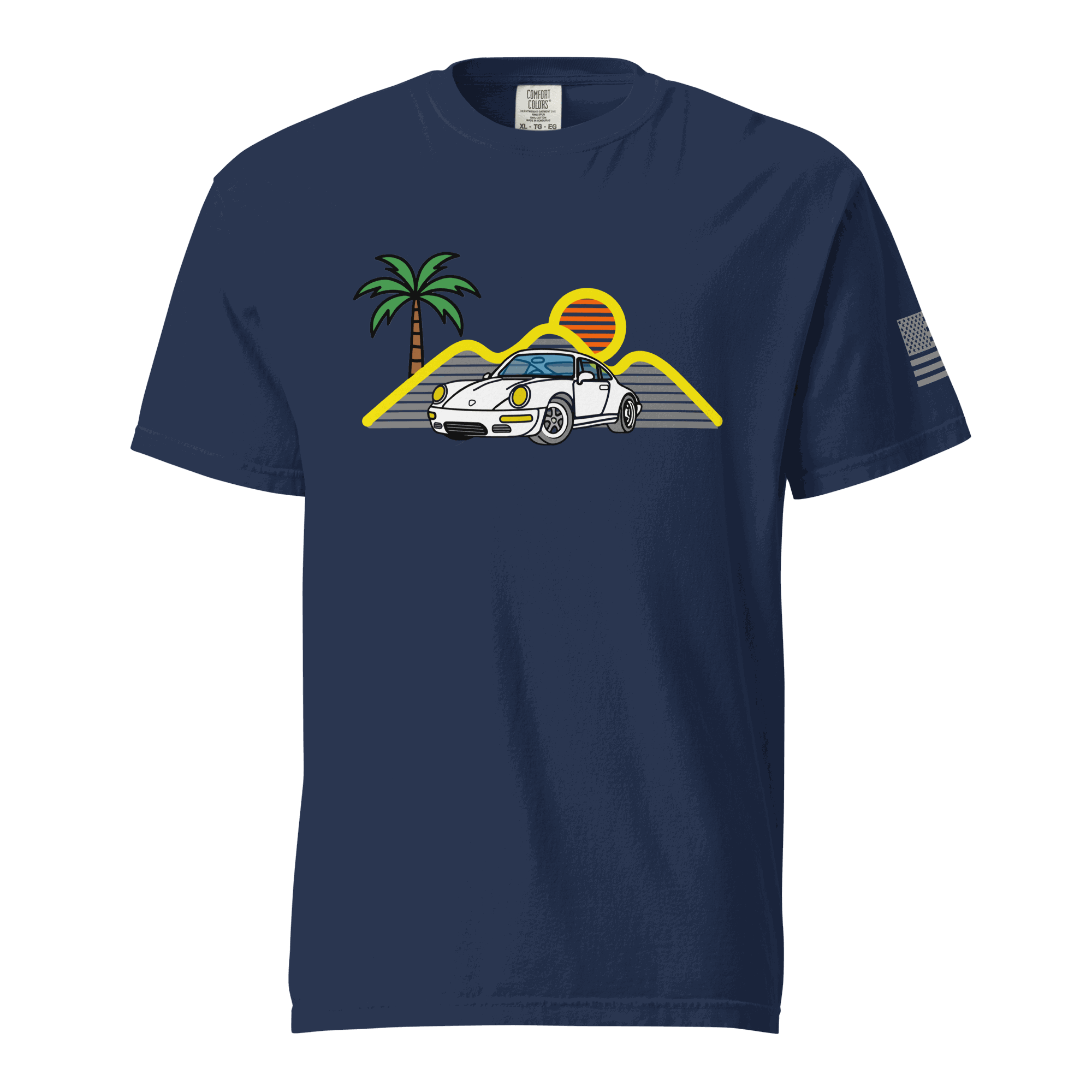 Sport car t-shirt with retro sunset and sleek sports car silhouette for car lovers and drivers