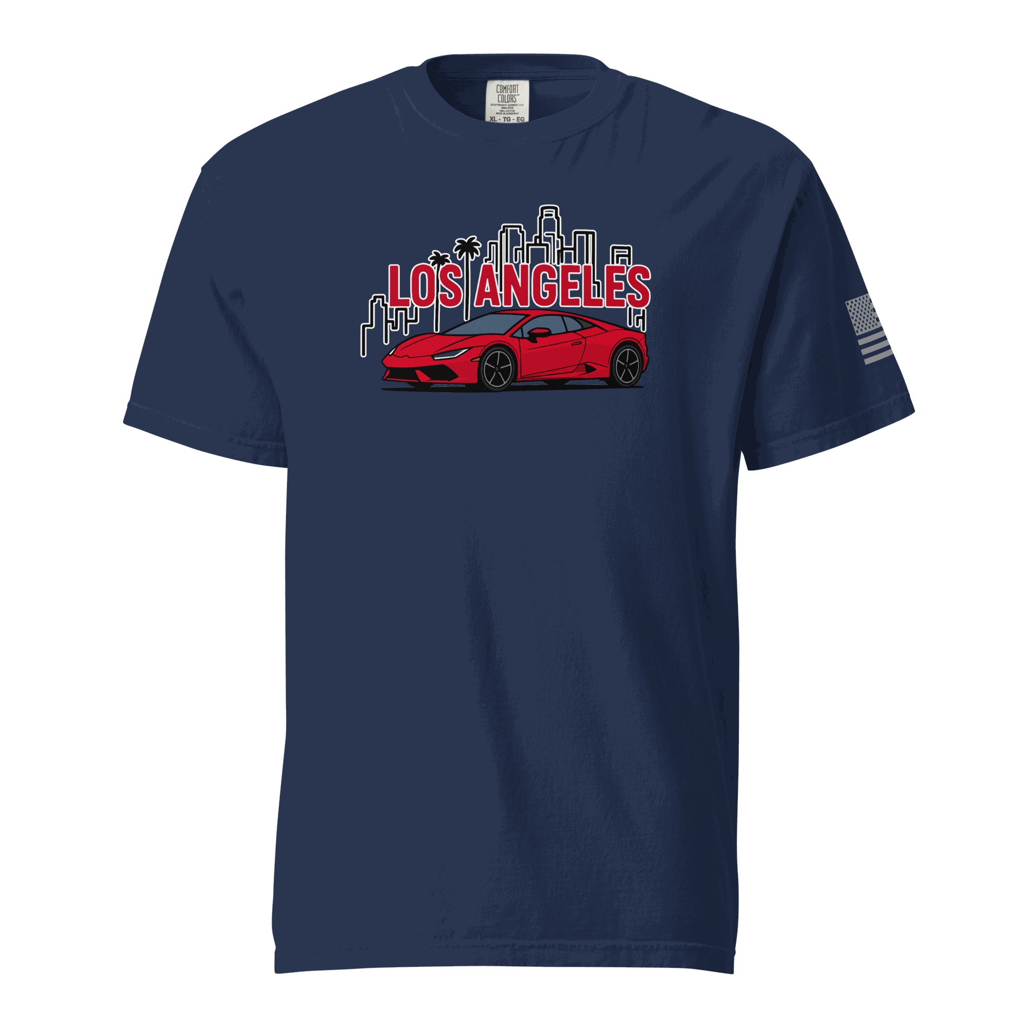 Los Angeles Tee Los Angeles supercar tee featuring a red exotic car and city skyline graphic on a navy shirt.