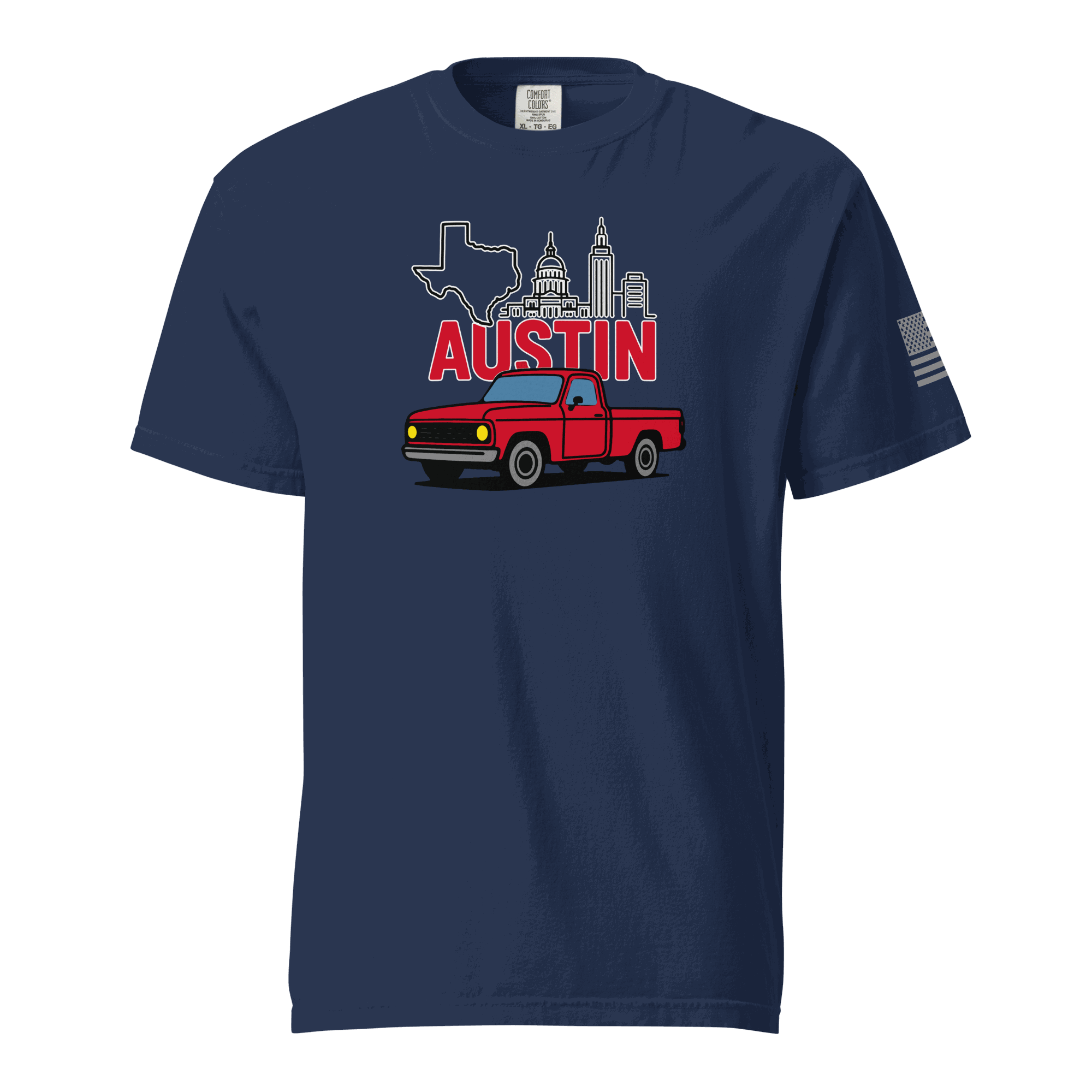 Austin Texas T shirt with vintage red truck and Austin skyline graphic, navy blue cotton tee