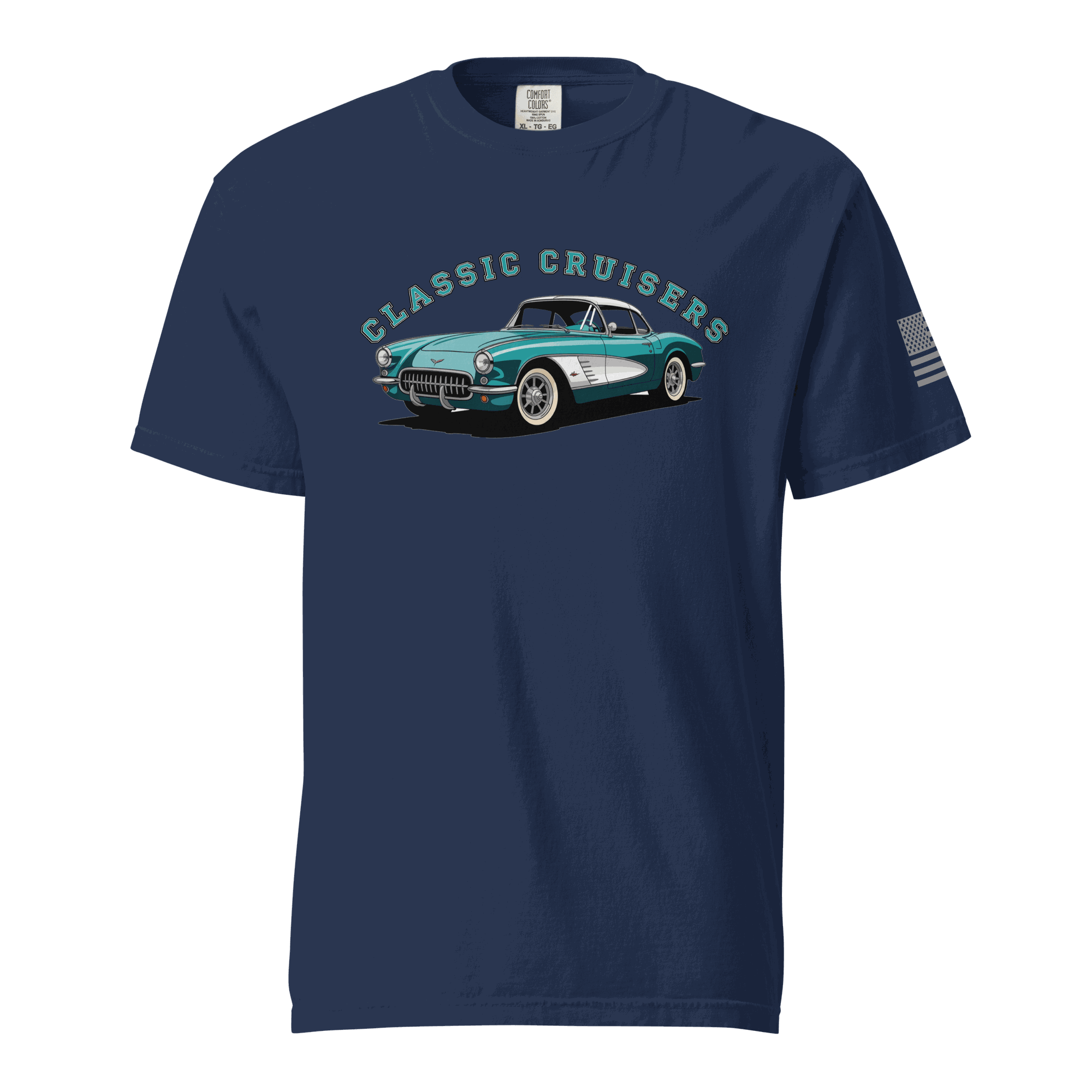 Classic T-Shirt navy with vintage car graphic and Classic Cruisers text, soft cotton, unisex fit