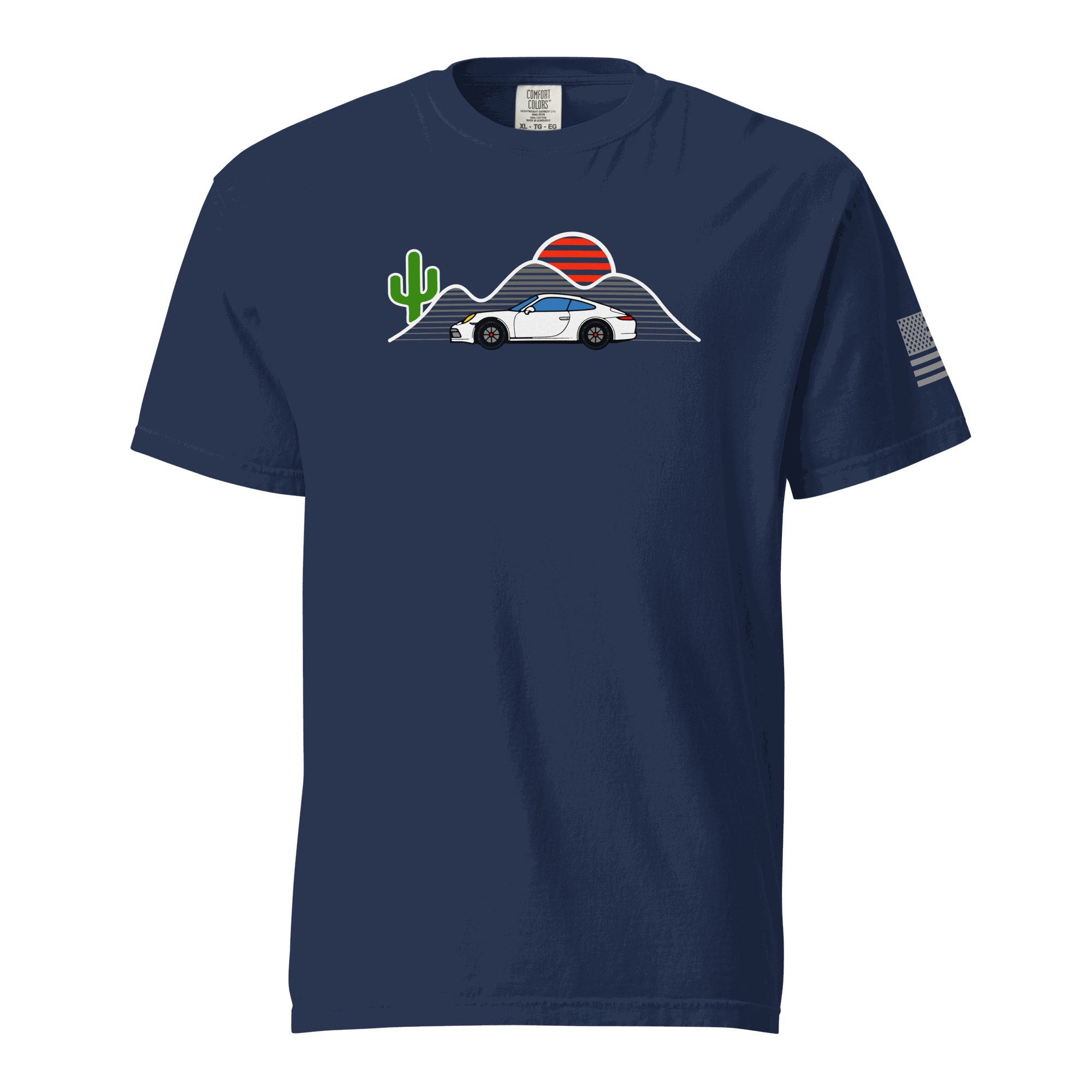 Navy Sunset Sports Car T-Shirt with retro sunset and mountain graphic, cactus, and American flag on sleeve.