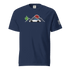 Navy Sunset Sports Car T-Shirt with retro sunset, mountain, cactus, and sports car design on front and American flag on sleeve