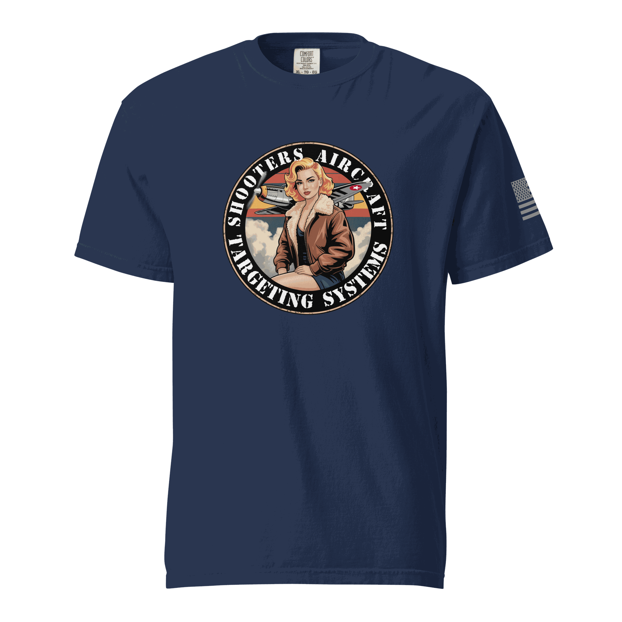 Navy Tactical Shooting T-Shirt with vintage pilot graphic and American flag on sleeve, made of heavyweight cotton for durability and comfort