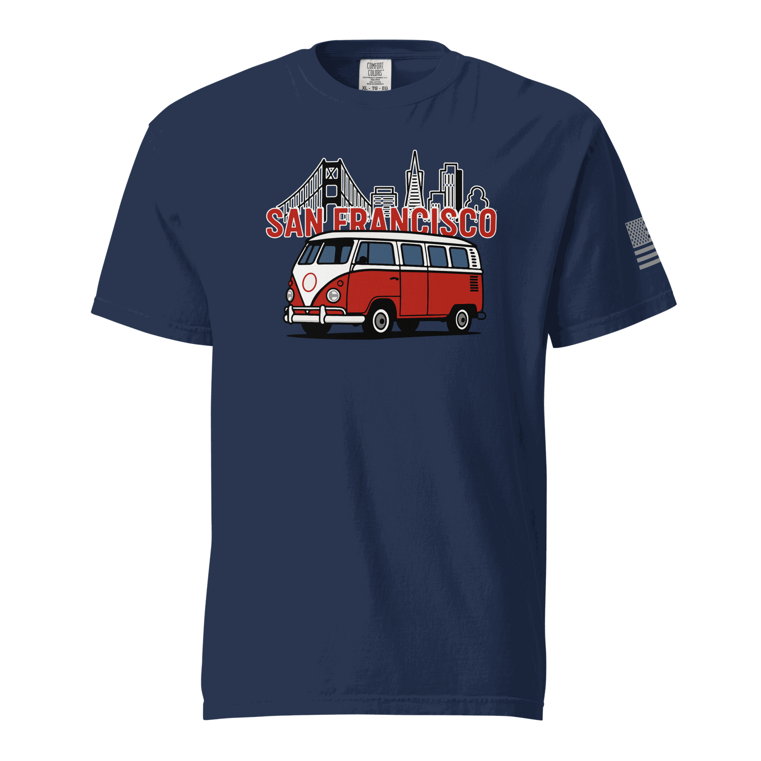 Vintage San Francisco t-shirt with classic red and white van and city skyline design on navy blue cotton tee