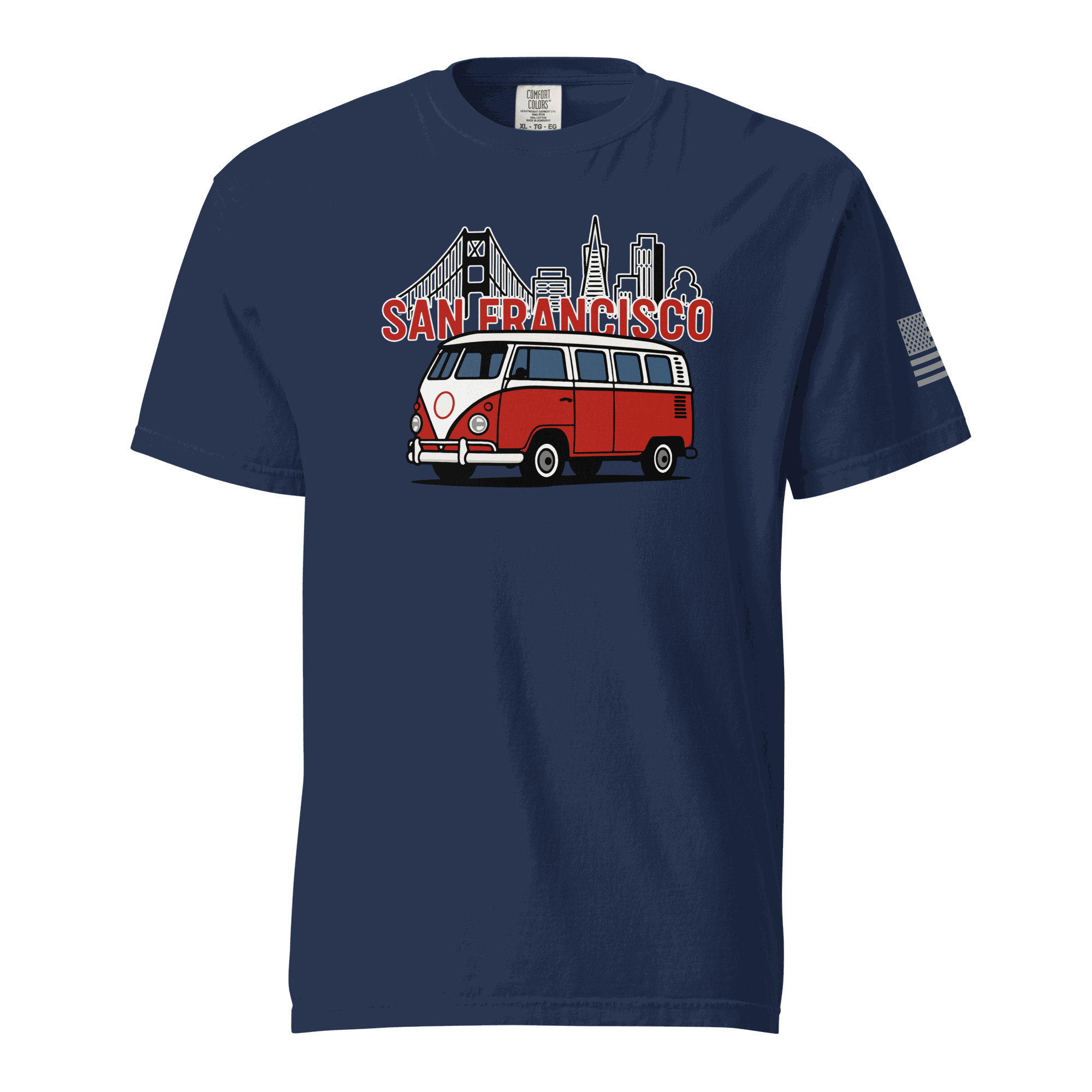 Vintage San Francisco navy t-shirt with classic red van and city skyline design