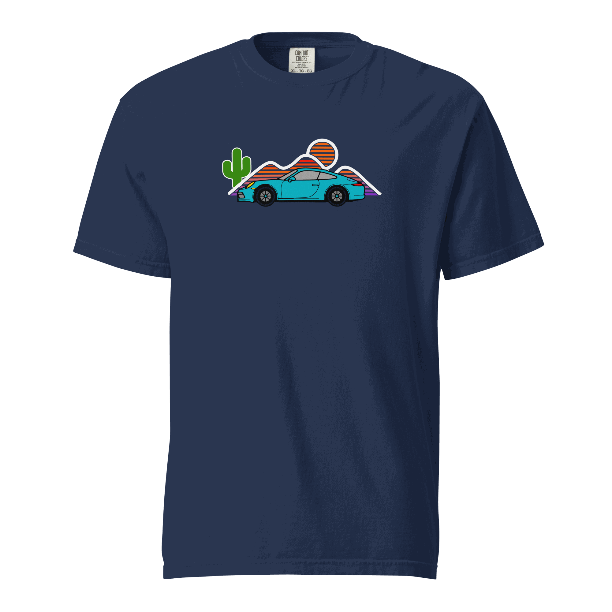 Navy blue t-shirt with sports car and sunset graphic design, casual cotton tee for car enthusiasts