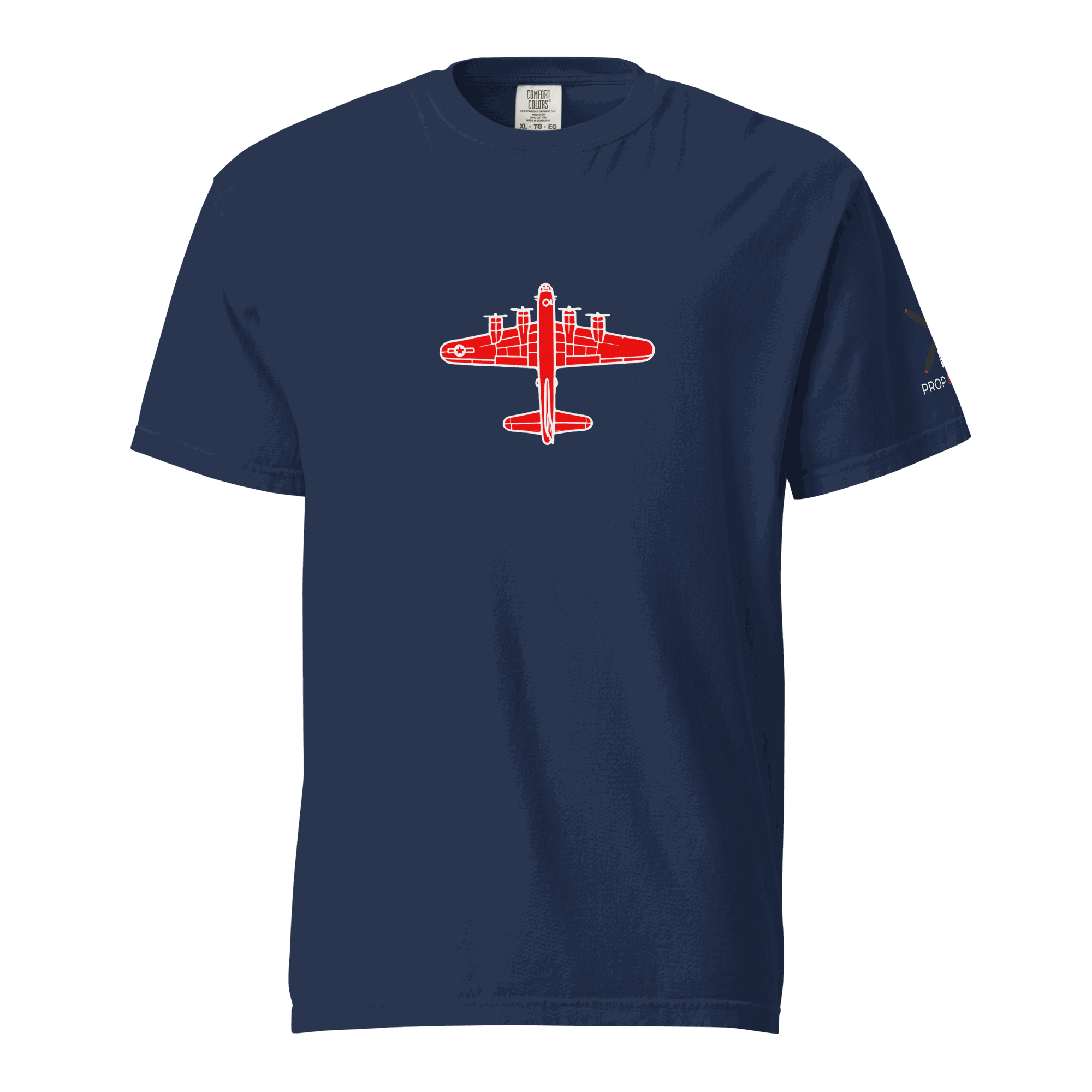 Navy WW2 T-shirt with red bomber airplane graphic, 100% ring-spun cotton, unisex heavyweight tee