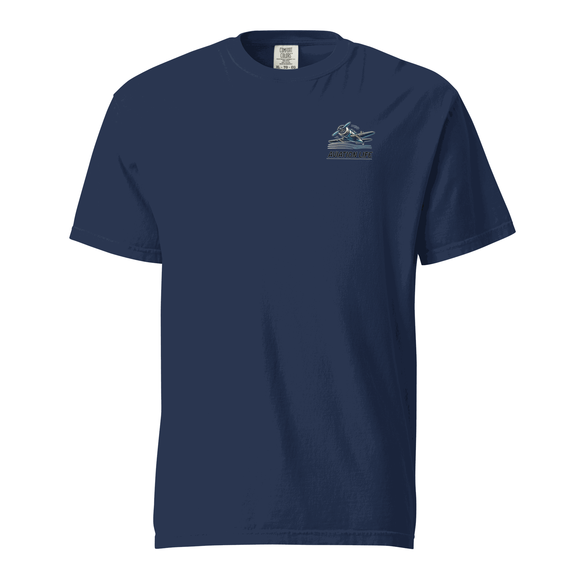 Flight Airplane Navy blue heavyweight cotton t-shirt with blue and orange flight helmet design on chest