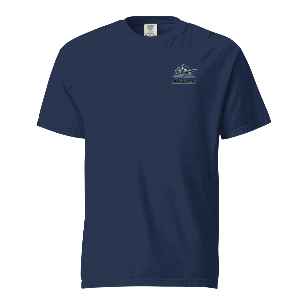 Blue Flight Airplane T-Shirt with orange flight helmet graphic and durable cotton fabric