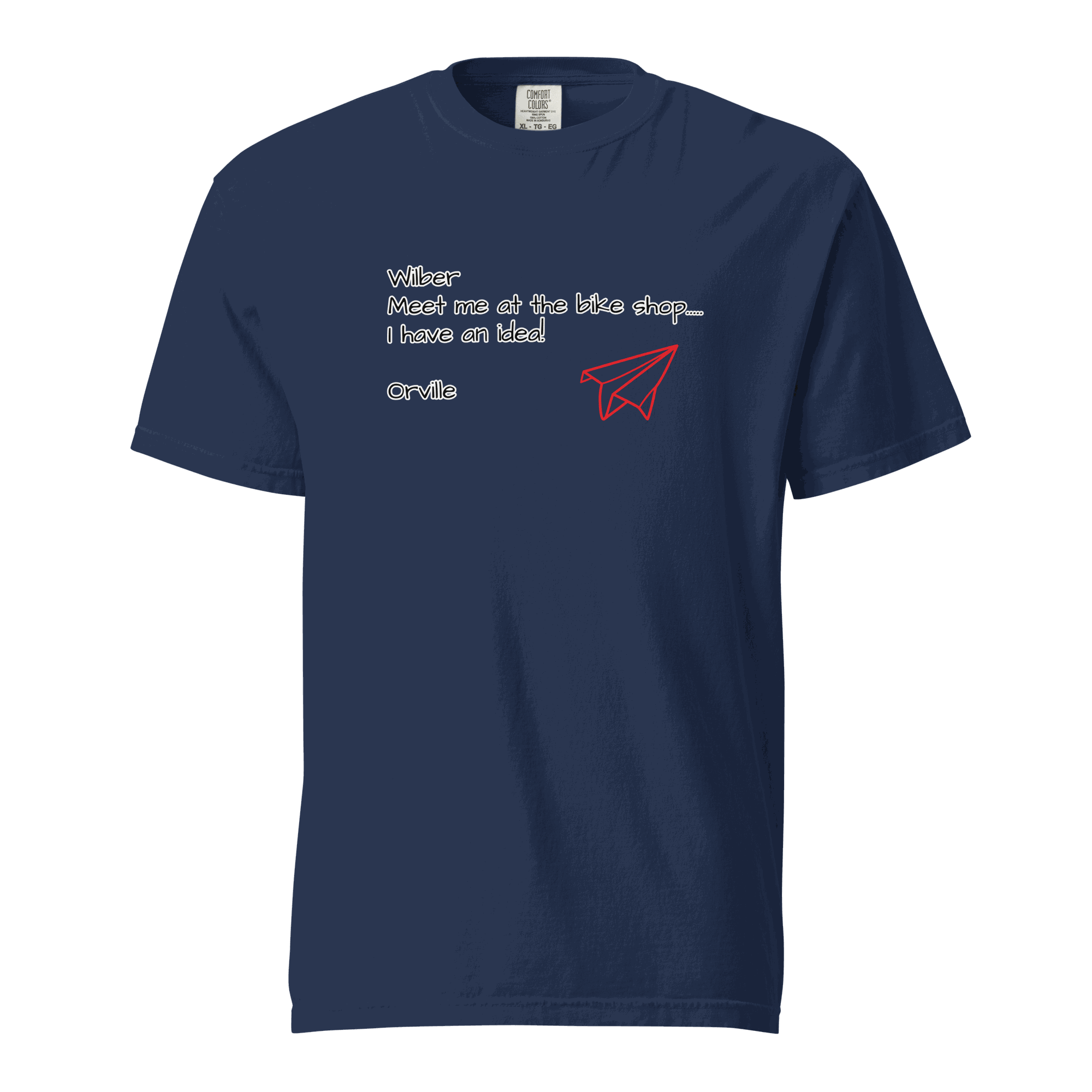 Bike Shop Wilbur navy unisex heavyweight cotton t-shirt with paper airplane design and text print
